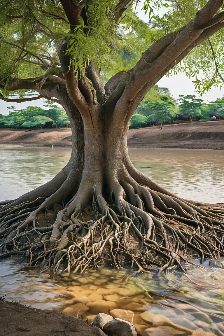 A close-up view of the tree's deep roots merging with a clear water source, symbolizing life and connection. Villagers can be seen collecting water, sitting under the tree, and ren playing nearby. The scene highlights the tree's importance as a giver of life and shelter."