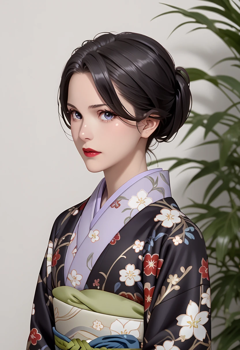 score_9, score_8_up, score_9, shiny skin, shiny, Yukinoshitamama, single hair bun, black hair, blue eyes, red lips purple kimono, floral print print kimono, black kimono, shippou (pattern)