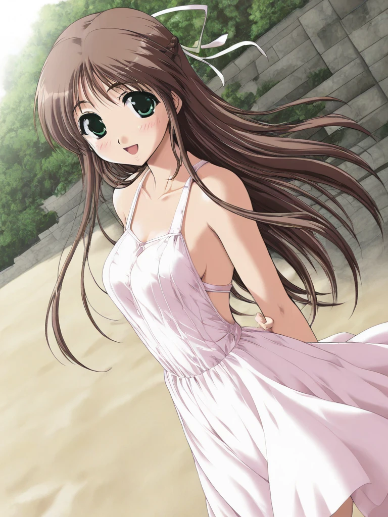 masterpiece, best quality, HinomoriAzusa, 1girl, solo, brown hair, long hair, green eyes, medium breasts, smile, happy, blush, Backless Dress, white dress, A beach bathed in sunlight filtering through the trees, She accentuates her backless dress, cinematic angle,