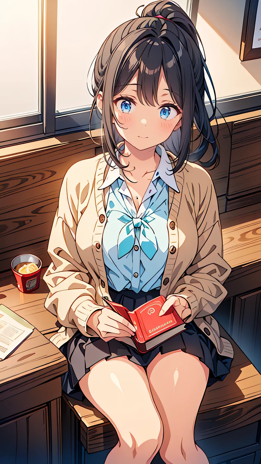 “A quiet and gentle young woman with long, straight black hair, neatly tied into a low ponytail. She wears a soft pastel-colored cardigan over a simple blouse and a long skirt. Her calm expression and soft smile give her a serene aura. She is sitting at a ramen shop counter, quietly reading a book while waiting for her ramen, with an air of tranquility surrounding her. The shop’s warm lighting highlights her peaceful demeanor.”