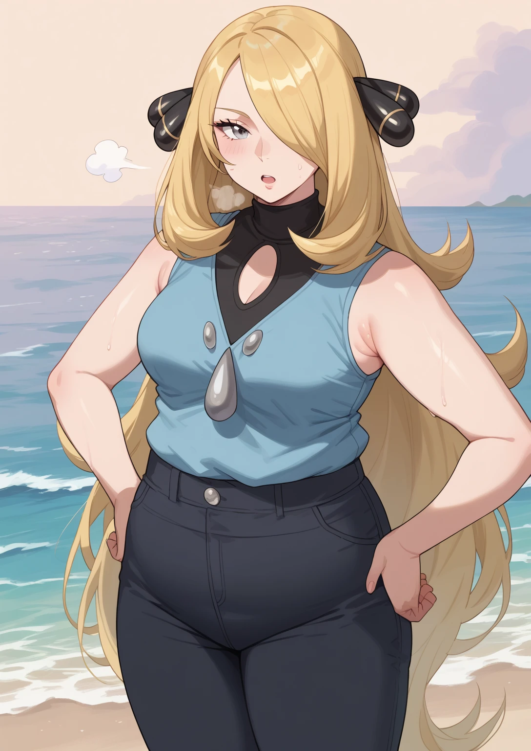 Sirona, Cynthia, Silver Eyes,  long hair,  Golden Hair , Sleeveless vest ,Light blue vest, Light blue clothes, Head ornament,   Hair over one eye ,  long black pants , score_9,   score_8_ up,   score_7_ up,   score_6_ up,   score_5_ up,   score_4_ up,     masterpiece   ,   top quality,     So Aesthetic ,    absurd,    Source_Anime, Anime screencap, Curvy,   chubby, obese, ssbbw,  tired expression, sea,  sandy beach, Body odor, A woman with smelly armpits ,  giant areolas, out of breath, sweaty, open mouth, hands on hips 