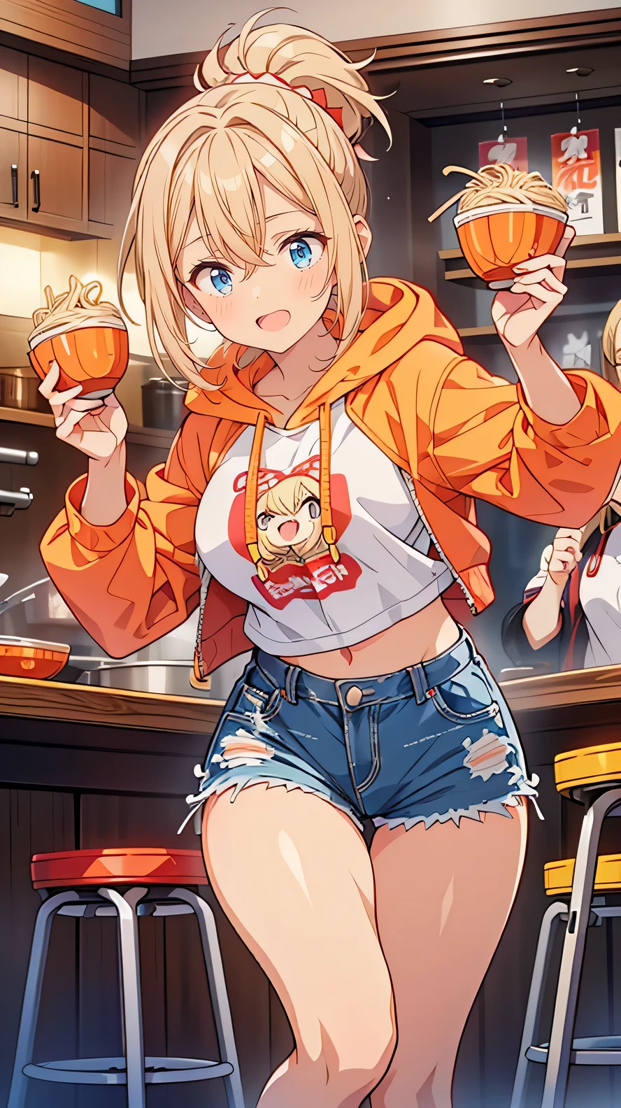 “A lively, playful young woman with short, spiky blonde hair and an infectious grin. She wears a sporty outfit—a hoodie, denim shorts, and high-top sneakers—giving her a casual and energetic appearance. Always in motion, she’s captured mid-laugh, holding up a bowl of ramen enthusiastically, as if she’s just made a joke. The scene is dynamic, with her bright personality bringing life to the ramen shop environment.”