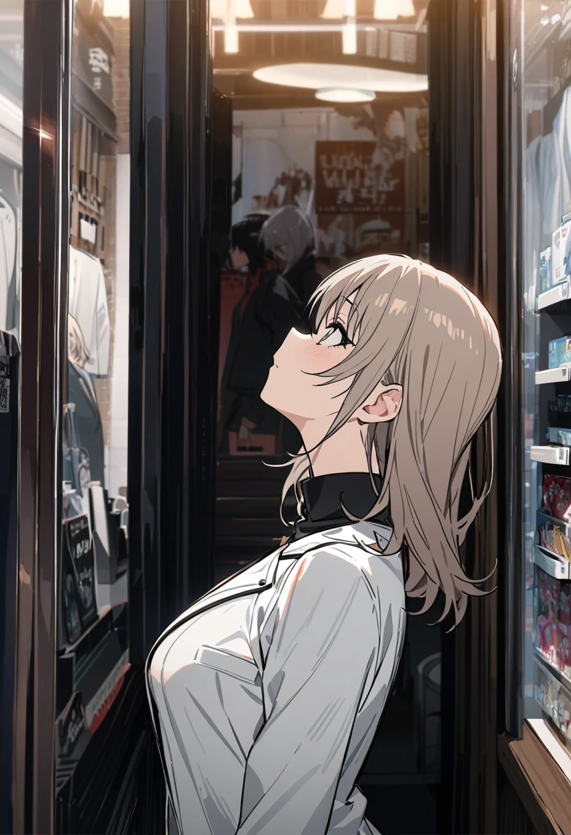 　kawaragi momoka,front, looks up at the ,Evil scheme,high neck Y shirt, white jacket,profile, in front of the store, Masterpiece  ,   top quality  , center part, 