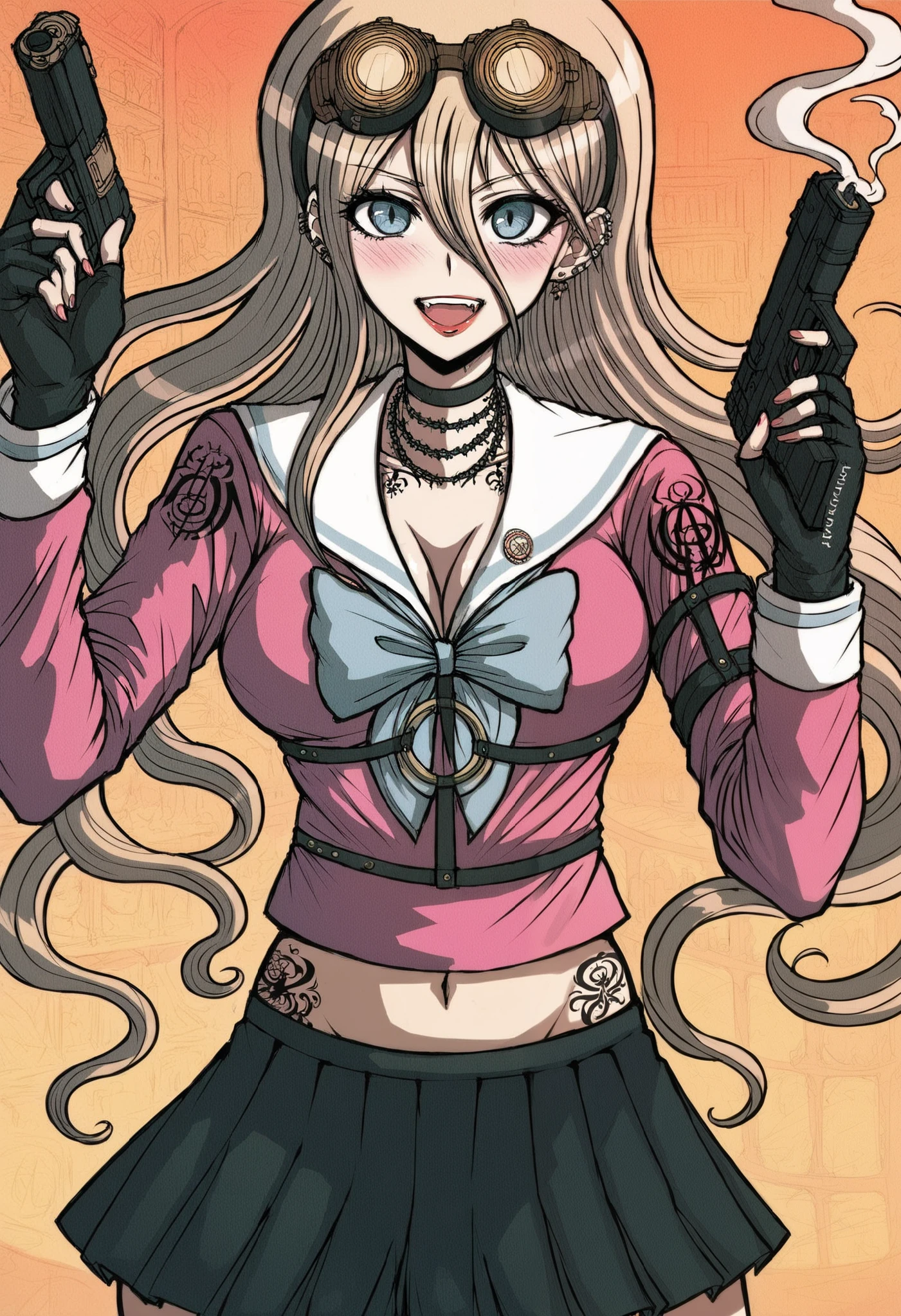 score_9, score_8_up, score_7_up, 1girl, Iruma Miu, blonde hair, blue eyes, , goggles on head,
bow, choker, fingerless gloves, gloves, pink shirt, ear piercing, long hair, blush, lipstick,Hot girl, baddie, smoking, sensual, attractive ,bar background, inside bar,indoors, cityscape, casino, nightclub, city lights, masterpiece, best quality, highly detailed, a girls with a gun, evil smile , open mouth, sexy gaze, badass pose , evil smile, smile, (nsfw) not safe for work, guns blazing, anime girl with long hair, beautiful long haired girl, navel, evil expression, exposed belly, exposed navel, exposed midriff, exposed lower belly, long black pants, , cleavage, unbuttoned leather pants ,open fly, low rise black leather pants, leather jacket, holding a gun, holding pistol, , cleavage, unbuttoned shirt,shirt, knot,, dual wielding, dragon tattoo , shiny skin, tattoo , tattoo midriff,