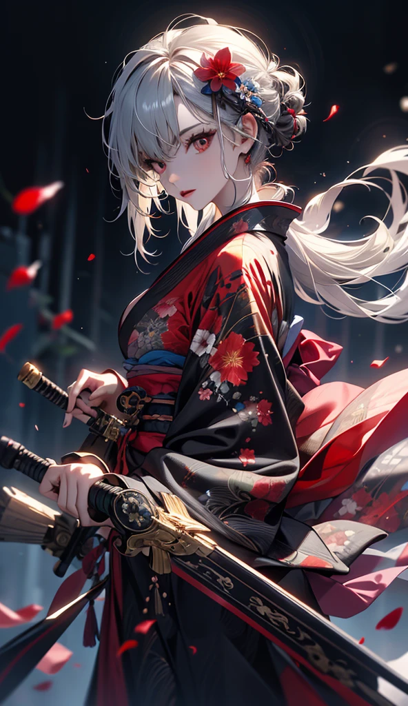one-girl，cabelos preto e longos，little breast，（Antique Hanfu：1.5），silver accessories，Shoulders exposed，standing on a hill，Sword in hand，knight-errant，（Bright color combination：1.2）Facing the mountains and flowing water、waterfallr，Rainy sky，（Wallpapers），tmasterpiece，Detailed characters，super detailing，art illustration，A high resolution，16:9 wide，
