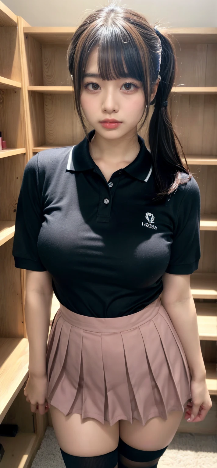 Beautiful girl in student uniform, Open 2 buttons., Seeing big breasts, Wear tight, high-waisted, short skirts., Stand with your legs raised.