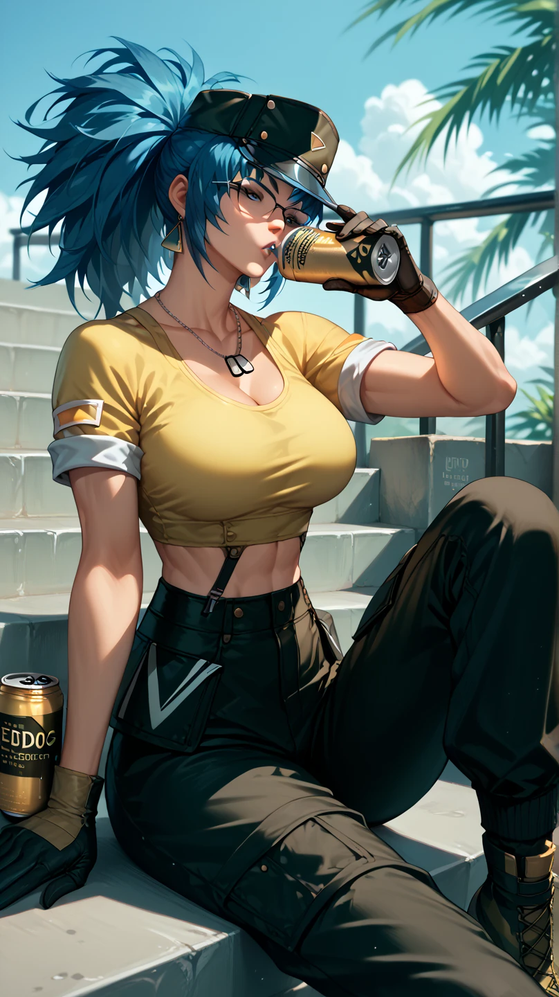 Sexy leona heidern,  Dark blue hair , triangle earrings, condog tags, at a military station , with glasses, Military cap, yellow t-shirt,  tight black pants,  sitting on stairs,  drinking from a can , 