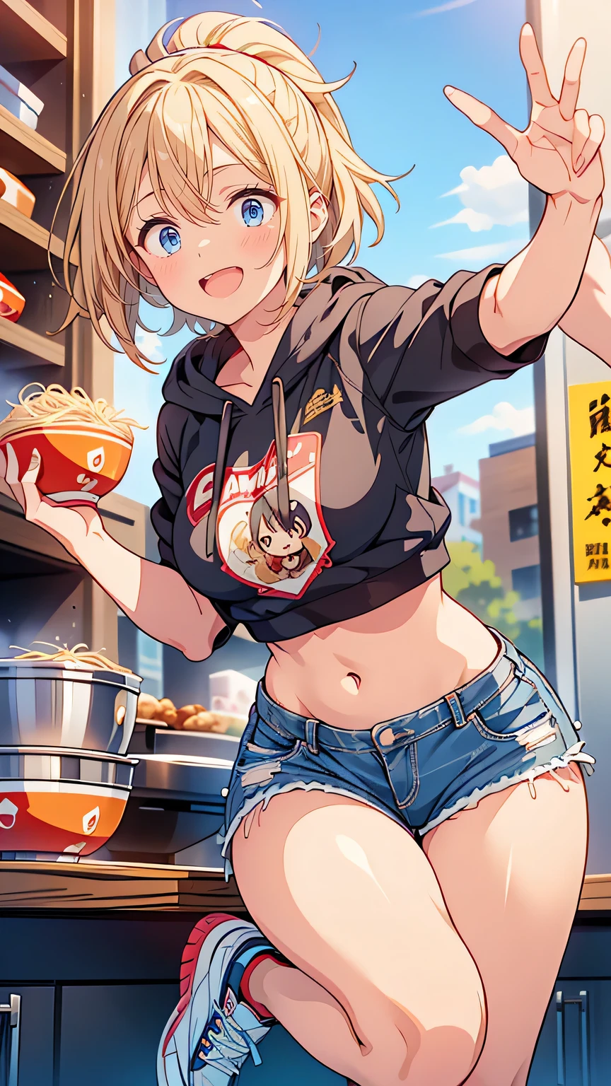 “A lively, playful young woman with short, spiky blonde hair and an infectious grin. She wears a sporty outfit—a hoodie, denim shorts, and high-top sneakers—giving her a casual and energetic appearance. Always in motion, she’s captured mid-laugh, holding up a bowl of ramen enthusiastically, as if she’s just made a joke. The scene is dynamic, with her bright personality bringing life to the ramen shop environment.”