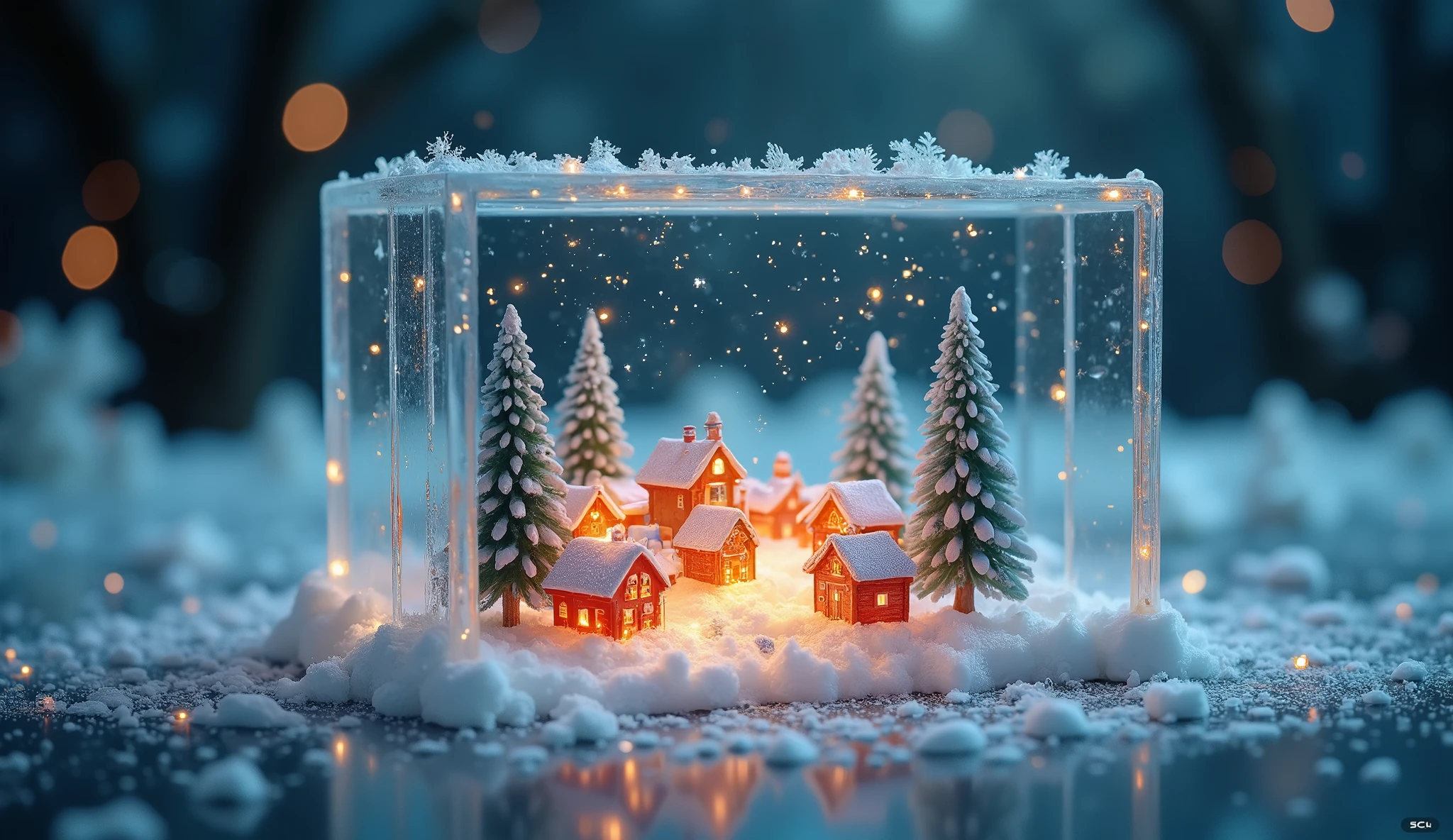 A mesmerizing winter scene where we gaze into a large, crystal-clear ice block resting on the frozen surface of a lake. Encased within the ice, a beautiful snow-covered town is visible, as if frozen in time. The town glows softly with warm lights that reflect off snowy rooftops and winding cobblestone streets, casting a cozy contrast against the cool blue of the ice. Tiny, delicate snowflakes drift down, settling on the ice block's surface, while frosty patterns trace its edges. Through a magical double exposure effect, the icy textures of the block blend seamlessly with the enchanting, miniature winter landscape inside, creating the impression of a hidden portal to a peaceful, snow-laden world preserved within the ice, bo-exposure