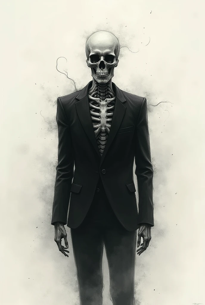 Black and white drawing of skeleton in suit and strong muscles for minimalist design 


