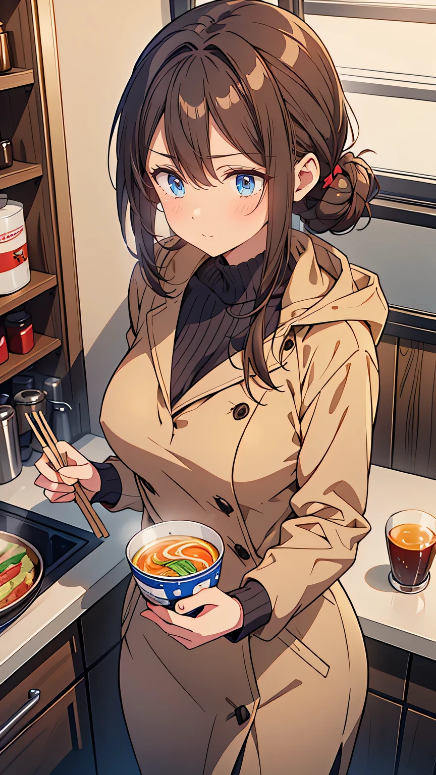 “A tall, composed young woman with sleek, dark brown hair tied into a neat bun. She has a mature, intellectual look, wearing a smart, stylish outfit—an elegant coat over a turtleneck and tailored pants. Her sharp gaze and slightly raised eyebrow hint at her analytical nature. She stands at the counter of a ramen shop, carefully observing the preparation of her meal, exuding a calm, confident aura in the cozy setting.”