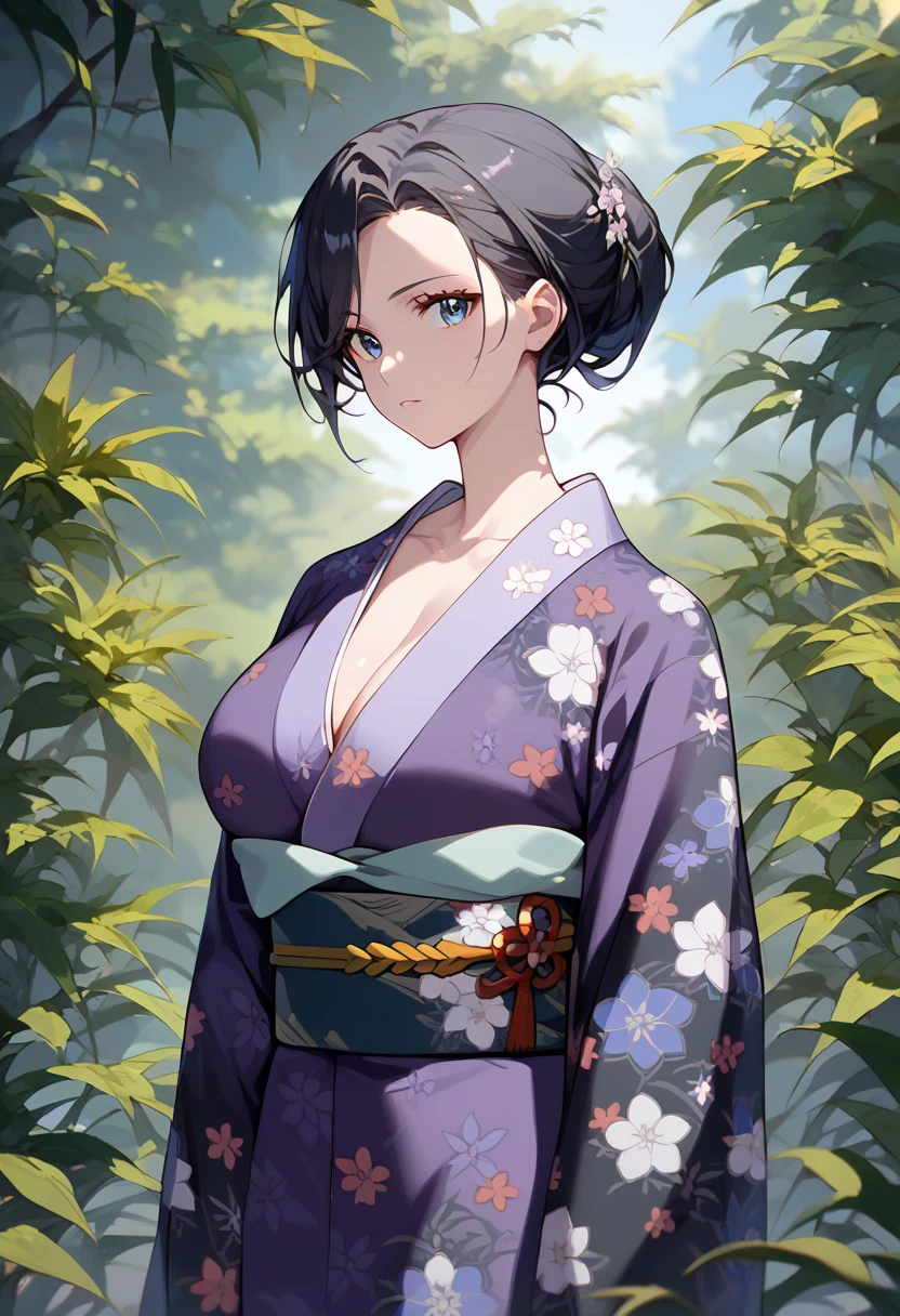 score_9, score_8_up, score_9,  
cowboy shot, huge breasts, 
1girl,solo_focus, shiny skin, gleaming skin, collarbone, eyelashes,  wide_hips, 
Yukinoshitamama, single hair bun, black hair, blue eyes, purple kimono, floral print print kimono, black kimono, shippou (pattern)