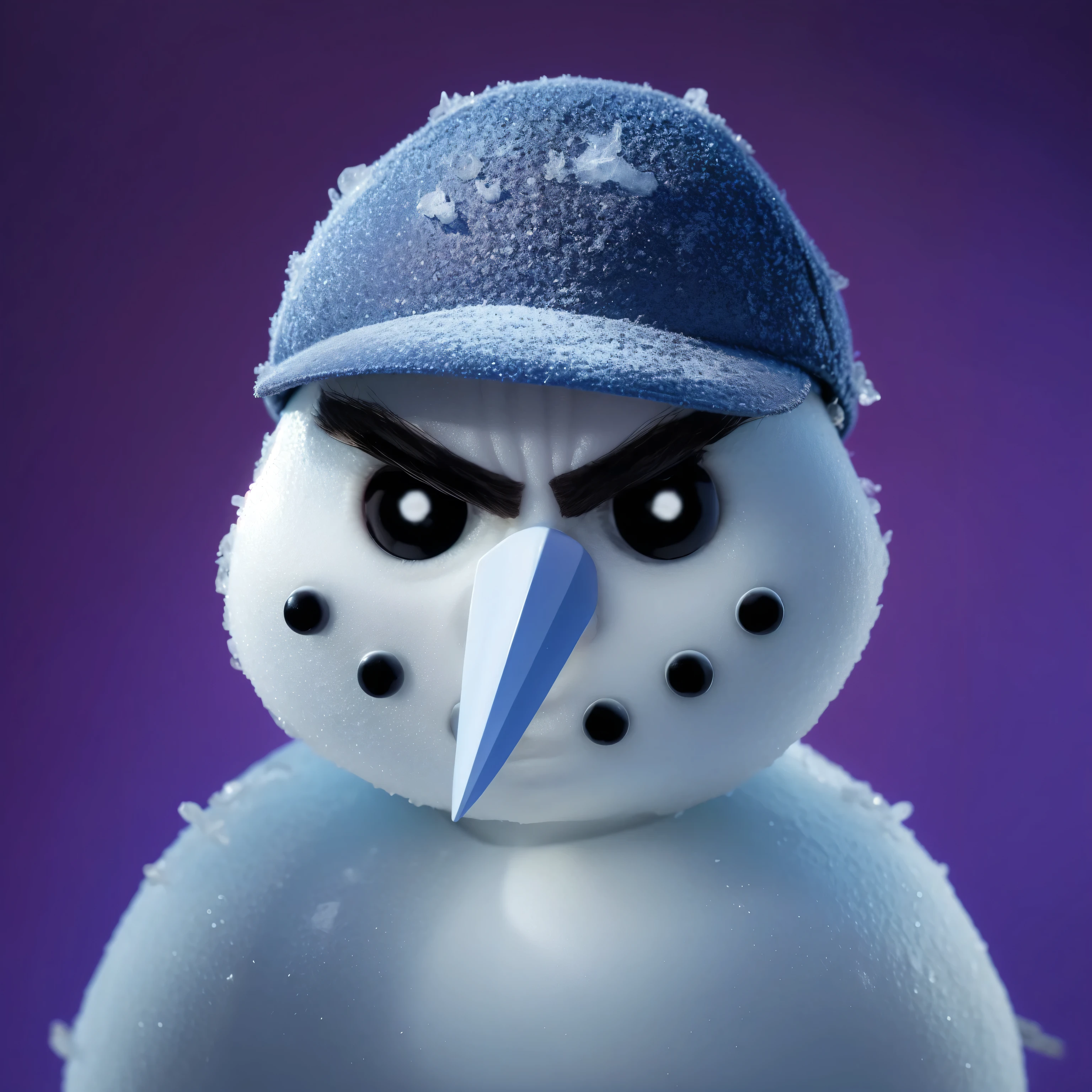 An angry white snowman with frost snow texture with piercing black eyes, wearing a blue baseball cap turned backward and a sharp icicle as a nose, stares intensely at the camera. The close-up shot captures the snowman's frosty texture and furrowed expression as it glares from under heavy brows. The background is a vibrant purple, enhancing the dramatic mood of the scene. Realistic 4K image