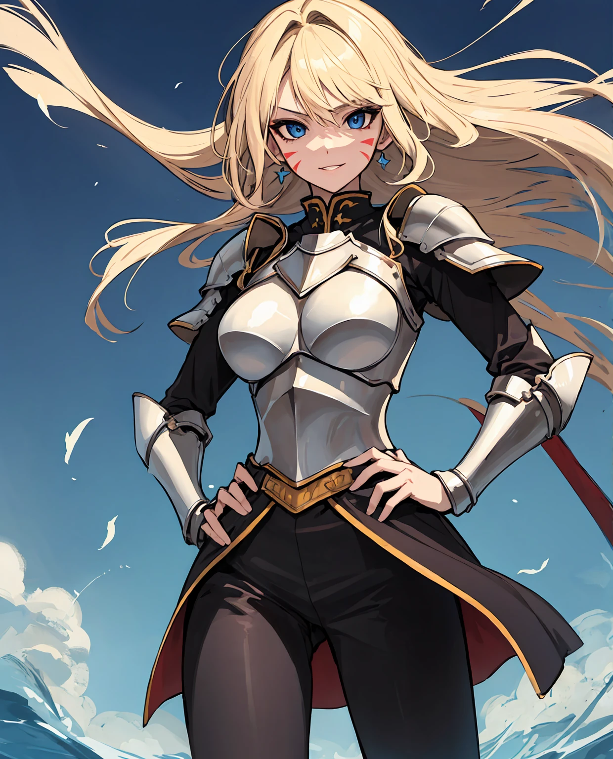 (masterpiece), best quality, expressive eyes, highres, anatomically correct, 1girl, perfect face, perfect hands, female, long hair, fair skin, large chest, cowboy shot, half body, perfect anatomy, blonde colored hair, adult female, mature female, attractive, flowing hair, wearing an eyepatch, strong, hero, knight, brave, spunky, friendly, fun, unique, armor wear, messy hair, half body shot, cowboy shot, symmetrical features, friendly, sarcastic, fun, hero, unique, flowing clothes, flowing hair, wind, windy, hands in pockets, blue eyes, hair over shoulders, laid back, confident, medieval-armor-girl, starbutterfly, 1girl, blonde hair, facial mark, hand on hip, armor, knight, artoria lancer, swept bangs, facial marks, 
