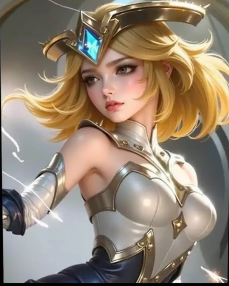 (best quality, realistic, ultra-detailed),portrait,girl,blonde hair,blue-eyes,white and blue outfit,detailed facial features,fine brushstrokes,vivid colors,soft lighting
