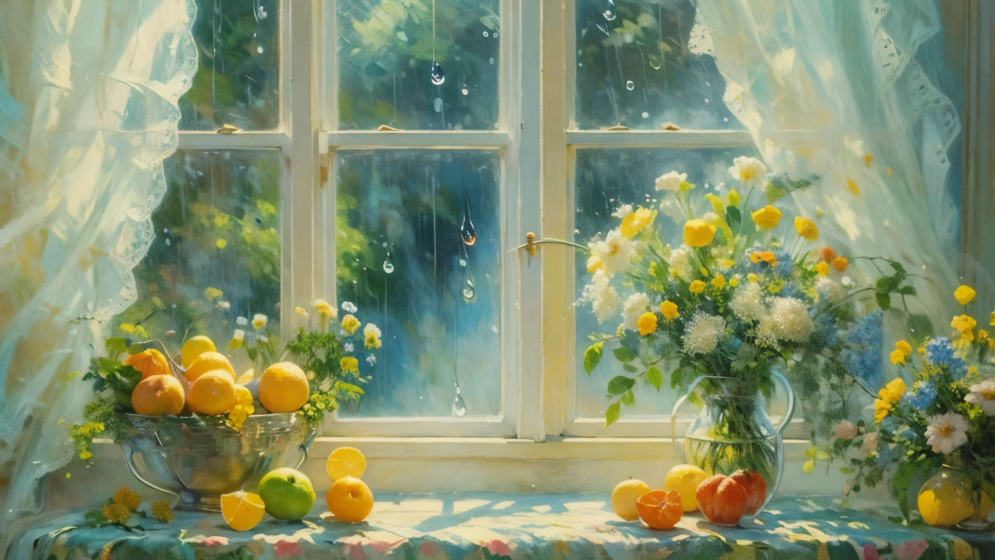 oil painting still life, vintage illustration of a window at the sunny day, iridescent light, soft light, rain drops, lacy curtains, flowers, fruits, dynamic light