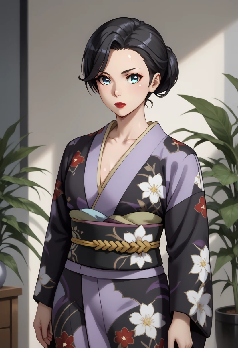 score_9, score_8_up, score_9,  
Yukinoshitamama, single hair bun, black hair, blue eyes, red lips,
purple kimono, floral print print kimono, black kimono, shippou (pattern)
1girl,solo_focus, shiny skin, gleaming skin, collarbone, eyelashes,  wide_hips, 
cowboy shot, huge breasts, 