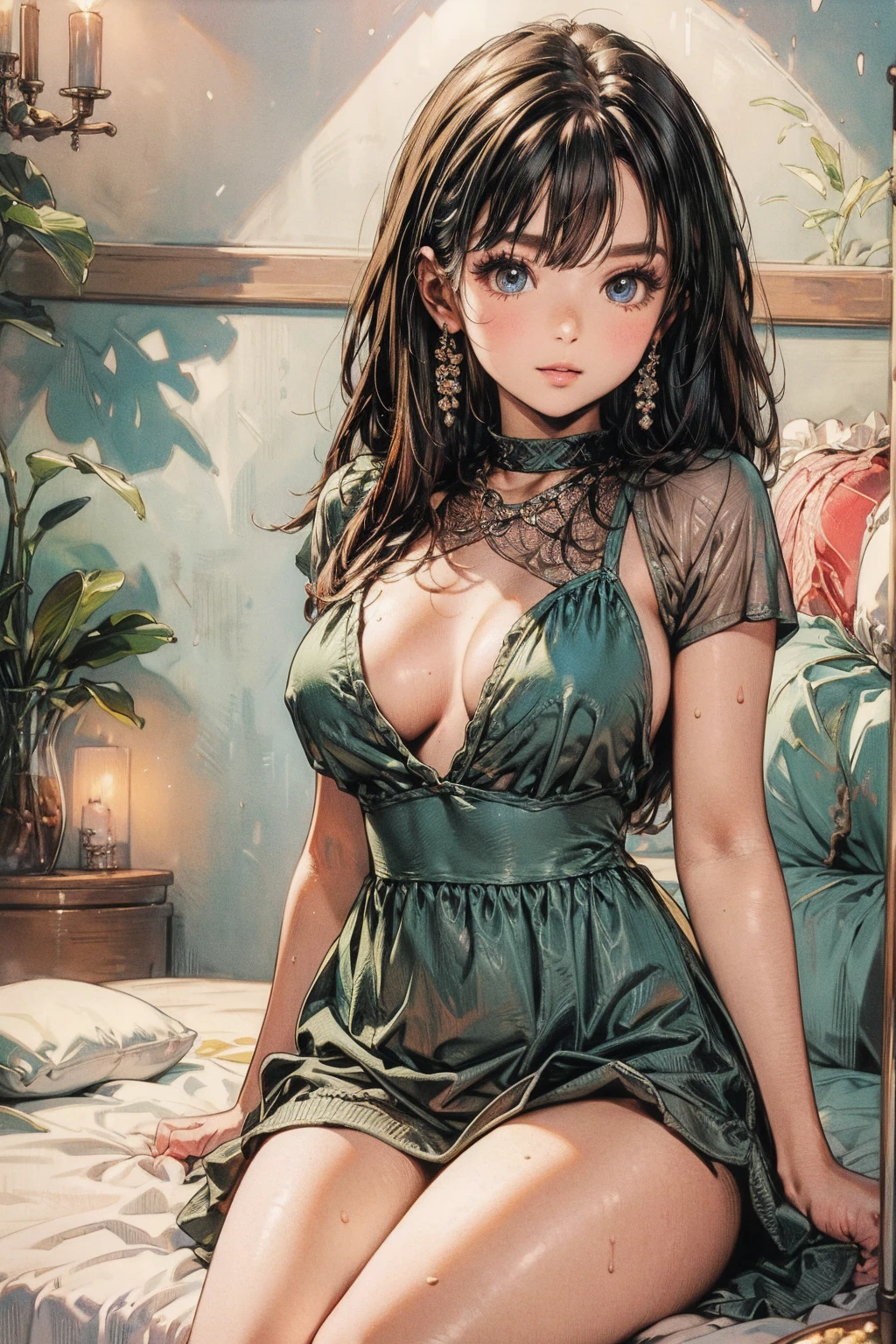  table top in bed,  top quality , shape,  super detailed , finely,  high res, 8k wallpaper, 完璧なダイナミックな構shape,  beautifully detailed eyes,  natural lips,  has long eyelashes, Heavy makeup, smile、 Sexy Knitted Dress , Big Breasts,  clevis on a stone,  RANDOM SEXY POSES , whole body、 Look Away、 look down, 1girl