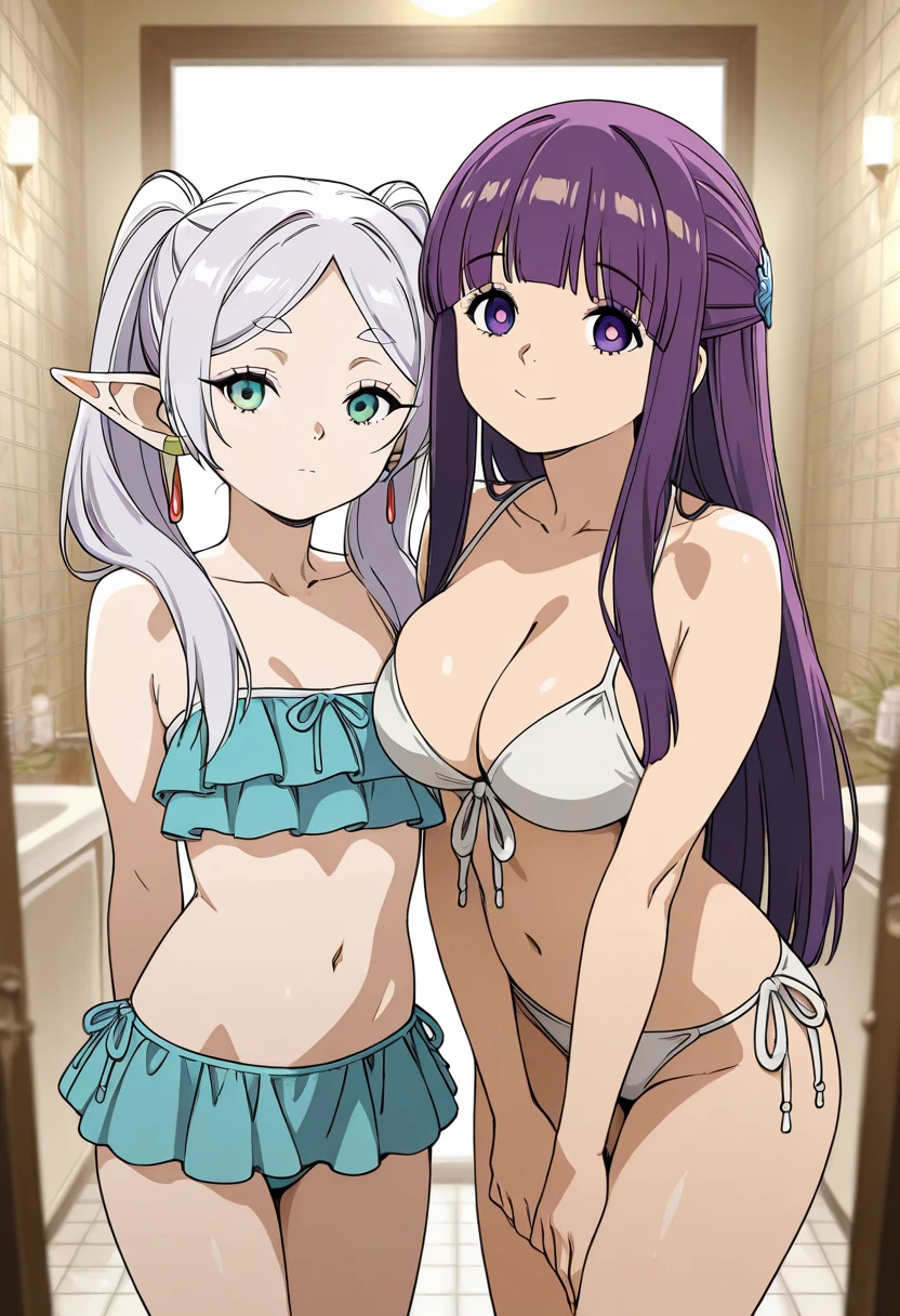 8k resolution, master piece, best quality ,master quality anime illustration, 2girls(Fern, Frieren), master details pupils, in couple hotels,scallop bikinis, near the bet, near the glasswall bathroom ,immoral smile