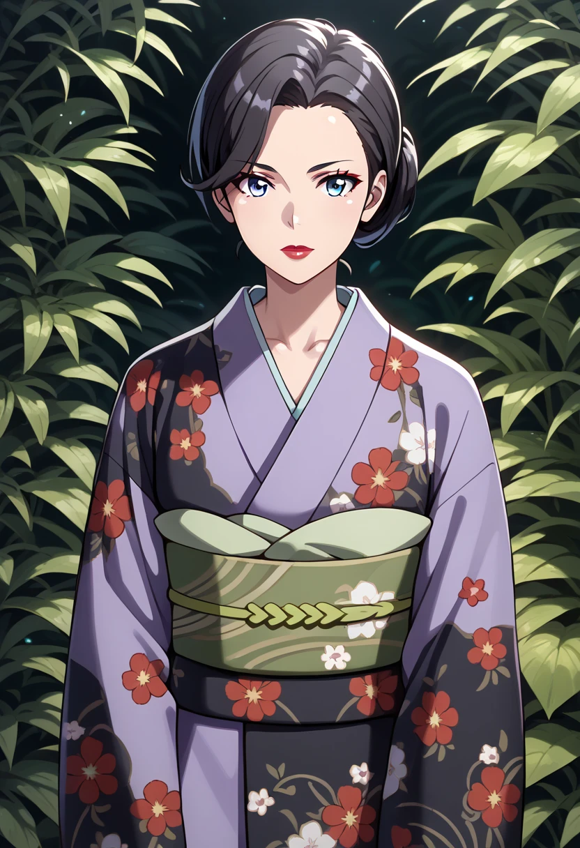 score_9, score_8_up, score_9,  
Yukinoshitamama, single hair bun, black hair, blue eyes, red lips,
purple kimono, floral print print kimono, black kimono, shippou (pattern)
1girl,solo_focus, shiny skin, gleaming skin, collarbone, eyelashes,  wide_hips, 
cowboy shot, huge breasts, 