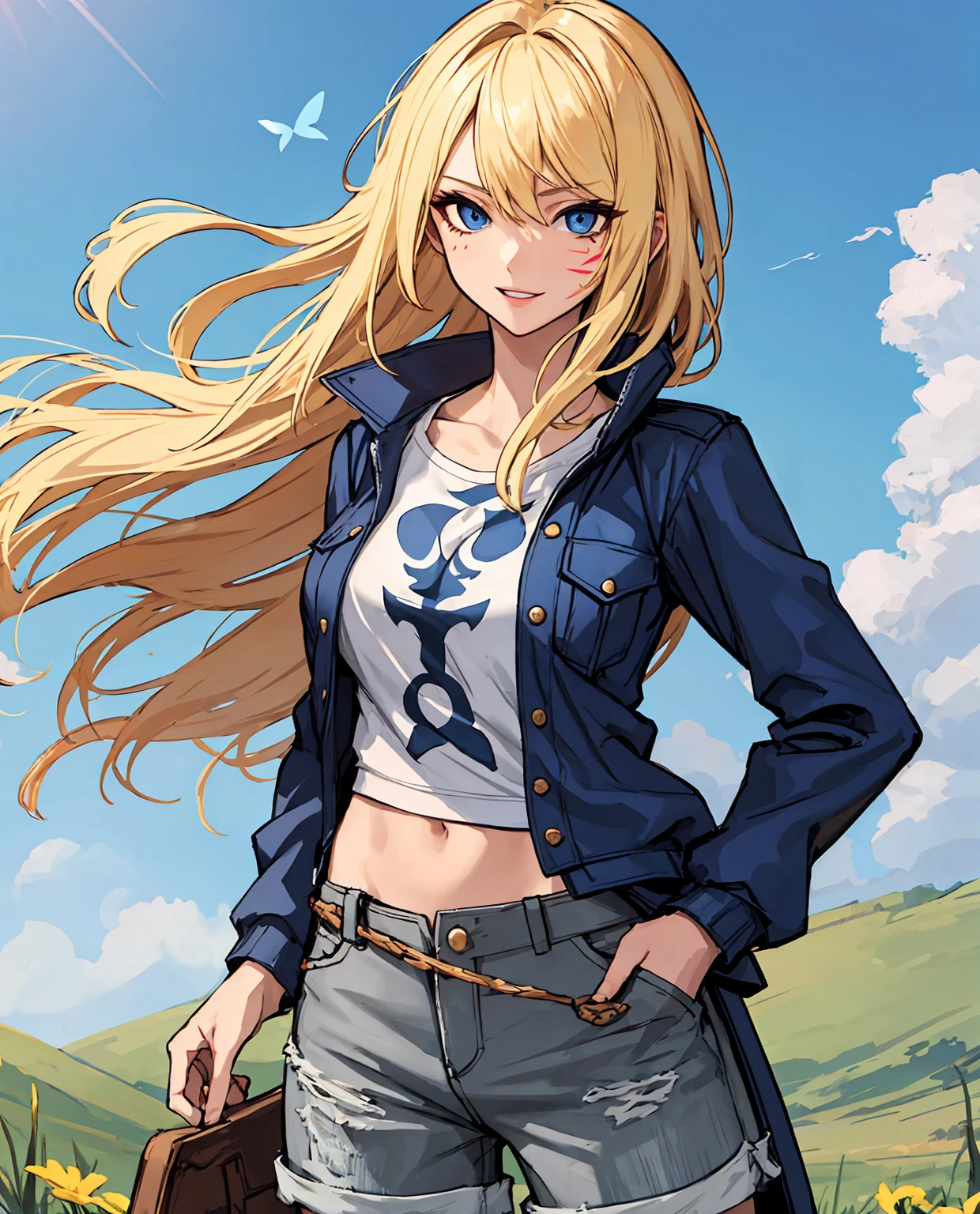 (masterpiece), best quality, expressive eyes, highres, anatomically correct, 1girl, perfect face, perfect hands, female, long hair, fair skin, large chest, cowboy shot, half body, perfect anatomy, blonde colored hair, adult female, mature female, attractive, flowing hair, wearing an eyepatch, strong, hero, knight, brave, spunky, friendly, fun, unique, armor wear, messy hair, half body shot, cowboy shot, symmetrical features, friendly, sarcastic, fun, hero, unique, t-shirt, gray shorts, long jacket, sky blue jacket, flowing clothes, flowing hair, wind, windy, hands in pockets, blue eyes, hair over shoulders, laid back, confident, medieval-armor-girl, starbutterfly, 1girl, blonde hair, facial mark, hand on hip, armor, knight, artoria lancer
