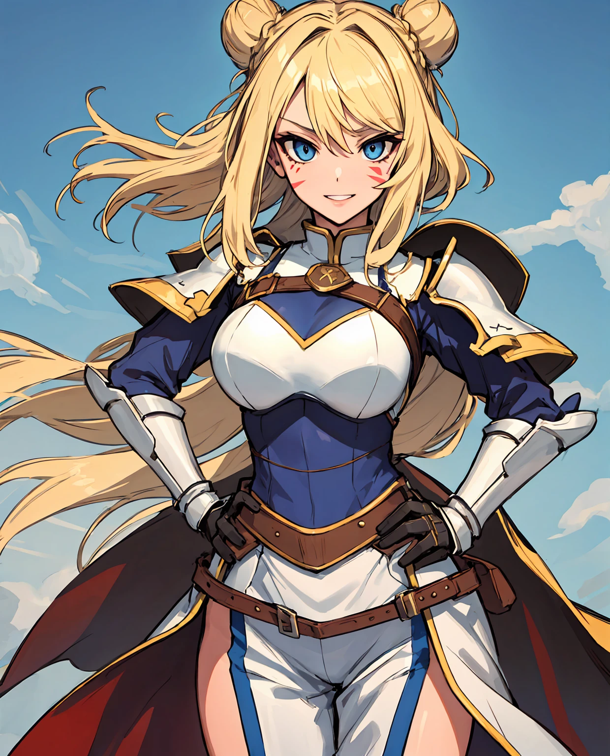 (masterpiece), best quality, expressive eyes, highres, anatomically correct, 1girl, perfect face, perfect hands, female, short hair, fair skin, large chest, cowboy shot, half body, perfect anatomy, blonde colored hair, adult female, mature female, attractive, flowing hair, wearing an eyepatch, strong, hero, knight, brave, spunky, friendly, fun, unique, armor wear, messy hair, half body shot, cowboy shot, symmetrical features, friendly, sarcastic, fun, hero, unique, flowing clothes, flowing hair, wind, windy, hands in pockets, blue eyes, hair over shoulders, laid back, confident, medieval-armor-girl, starbutterfly, 1girl, blonde hair, facial mark, hand on hip, armor, knight, artoria lancer, swept bangs, facial marks, hair buns, 
