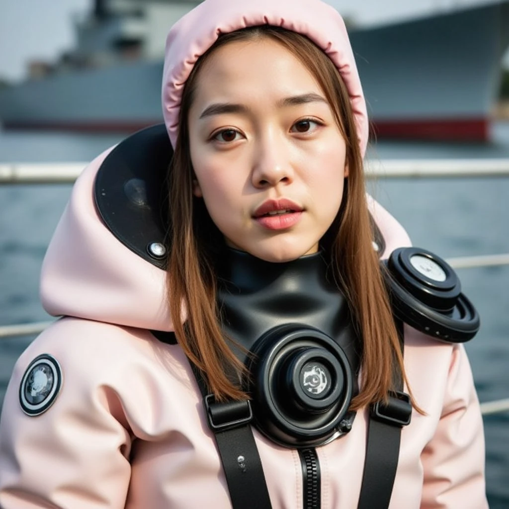 A documentary photo, Photo-realistic, ultra-realistic, (Japanese beautiful young woman, famous Japanese idol, boyish cool face:1.3), wetlook rubberish white clothes,, she is a military diver of Japan navy, experienced military diver, wearing a professional wetsuits for military diver with professional scuba equipment, She is on a shlre, She is preparing to scuba dive for a lifesaving mission, there is a large battle ship behind her,, Natural Makeup, boyish face ,Front View:1.21, Perfect Anatomy:1.21, Small head:1.21, Slender body:1.37, Narrow waist:1.5, Thin limbs:1.5, Flat Chest:1.5, Anatomically correct limbs, Diving Suits drysuits (high smooth turtleneck collar), Fully equipped for diving, Very cute Japanese woman, Brown Hair, Chignon Hair, woman holds oval scuba mask, Calm sea in qinter, Dynamic and emotional movie lighting, 