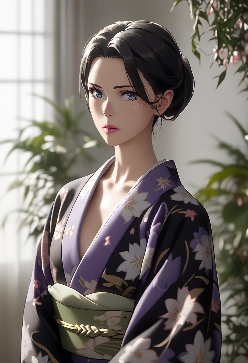 score_9, score_8_up, score_9,  
Yukinoshitamama, single hair bun, black hair, blue eyes, pink lips,
purple kimono, floral print print kimono, black kimono, shippou (pattern)
1girl,solo_focus, shiny skin, gleaming skin, collarbone, eyelashes,  wide_hips, 
cowboy shot, huge breasts, 