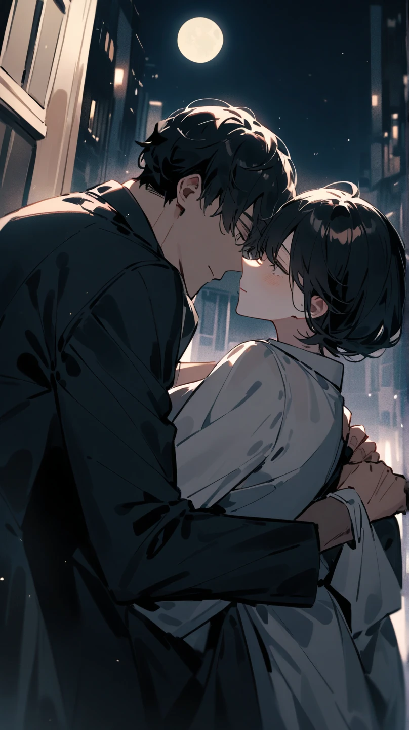 (masterpiece,best quality,4k,8k,highres:1.2),A couple embracing in bed, visible through a window, detailed anime style characters, happy scene, rainy window, dramatic lighting, romantic, intimate, emotional, soft lighting, warm tones, cozy, gentle, tender,2boys,venti,zhongli,hires,size_difference,flat chest,kissing,blushing,eyes closed,lips parted,breathing heavy