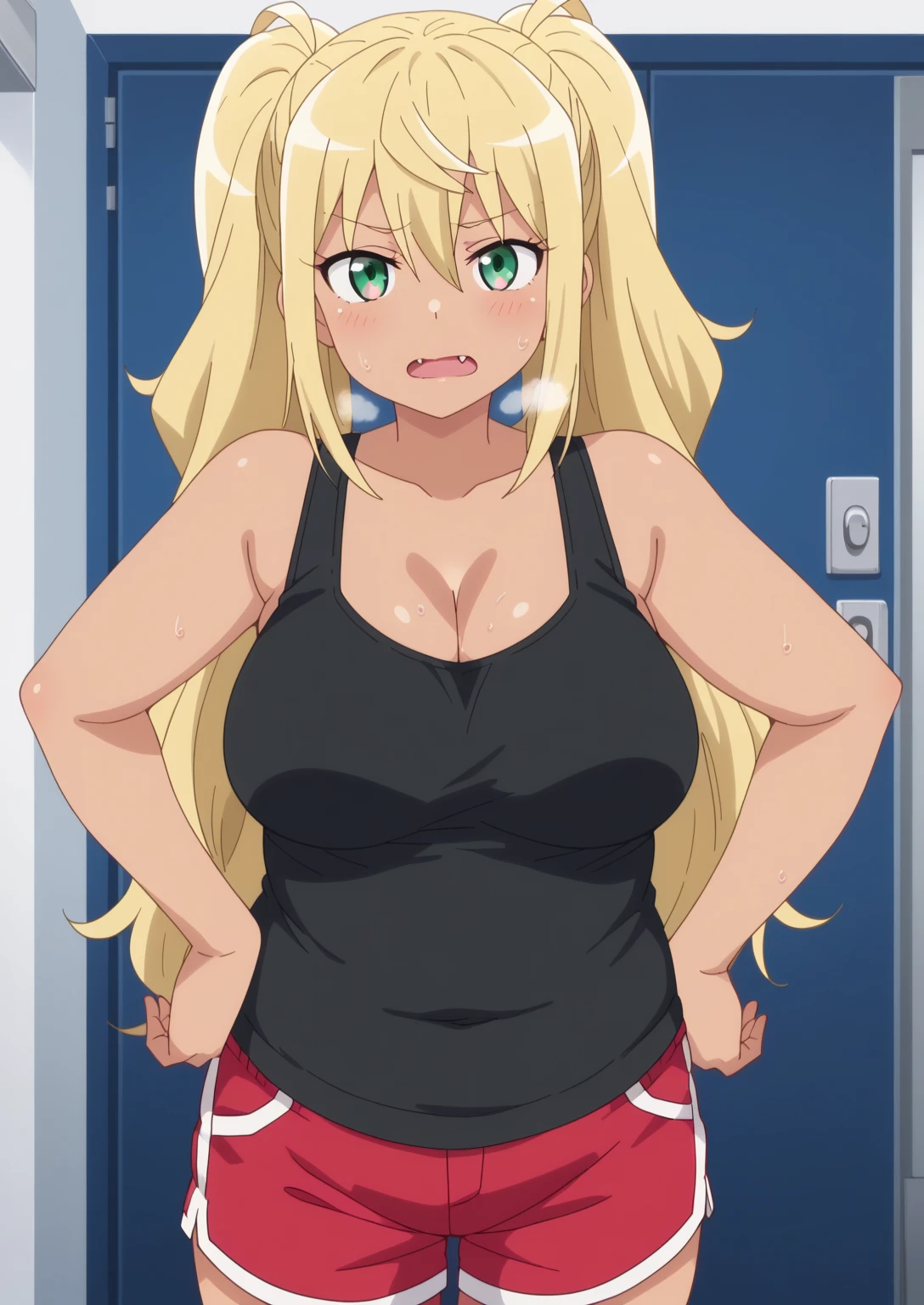 score_9, score_8_up, score_7_up, score_6_up, score_5_up, score_4_up, BREAK, source_anime,hibiki sakura, long hair, blonde hair, hair between eyes, twintails, green eyes, fang, dark skin, dark-skinned female, gyaru,
1girl, shirt, cleavage, bare shoulders, collarbone, shorts, black shirt, short shorts, tank top, red shorts, black tank top, looking at viewer, solo, gym background, anime screencap, anime coloring  fat, chubby, obese, gigantic arms and legs, large breasts open mouth, out of breath, sweaty, hands on hips, tired exporession 
