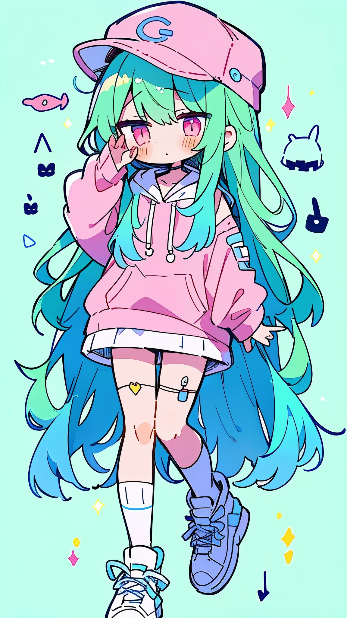 (PlanIt schematic ), ( 1girl xml file chan), xx, vscode, , digital world，Light blue long hair， Pink eyes ，pink hoodie ， white over-the-knee socks，Sports shoes， Baseball Cap ， green background 