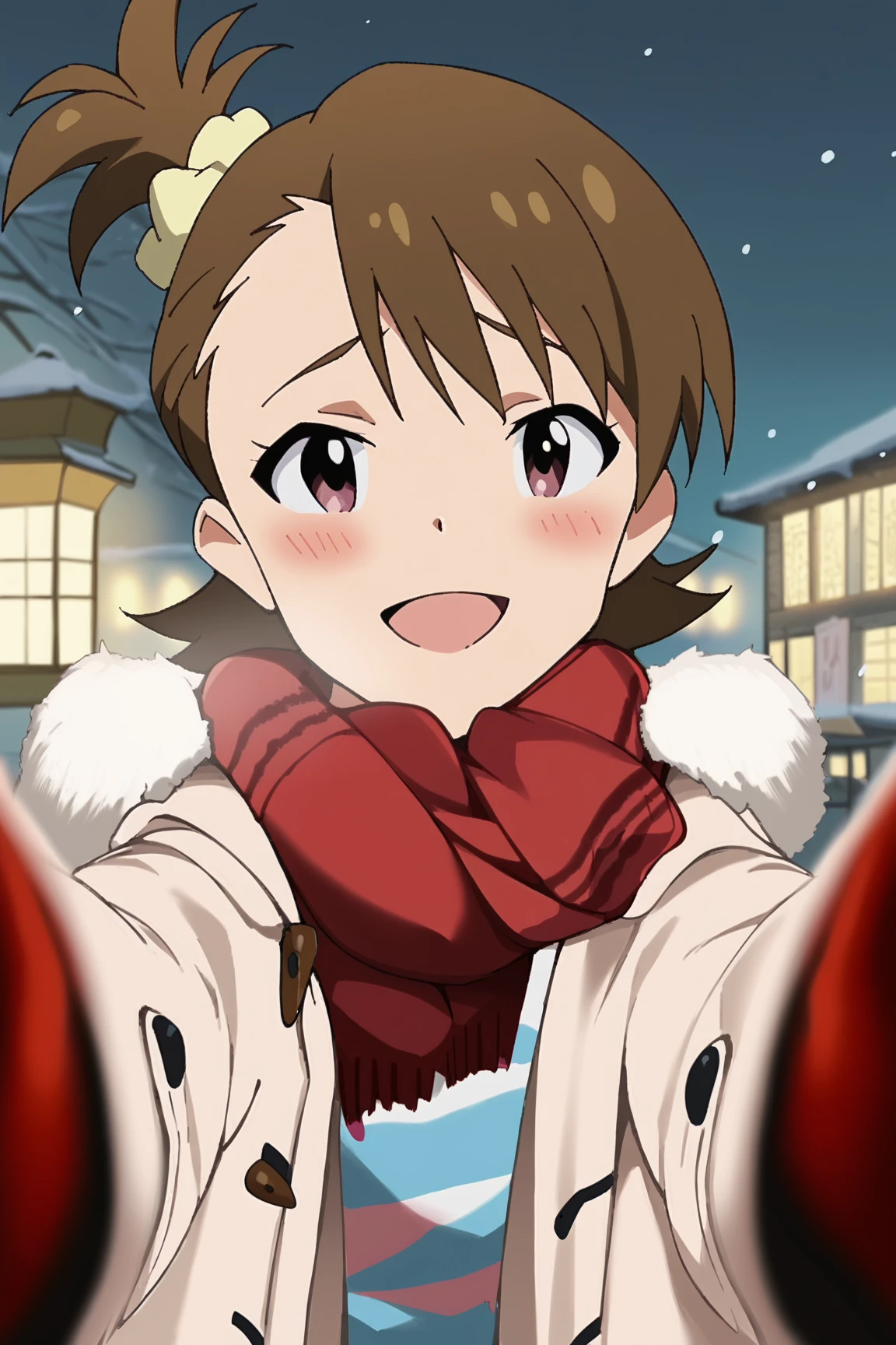 anime screencap,anime coloring, official style,
outside,
 Ami Futami, 1girl, solo, short hair, brown hair, side ponytail, futami ami, scrunchie, pov cheek warming, pov cheek warming (meme), winter gloves, duffel coat, fur-trimmed scarf, winter clothes, red mittens, meme, winter coat, red scarf, fur-trimmed coat, reaching towards viewer, reaching, mittens, fur-trimmed hood, white coat, open coat, scarf, coat, red gloves, snowing, pov, fur trim, depth of field, smile, blush, open mouth,
looking at the viewer, sad expression, happy girl,