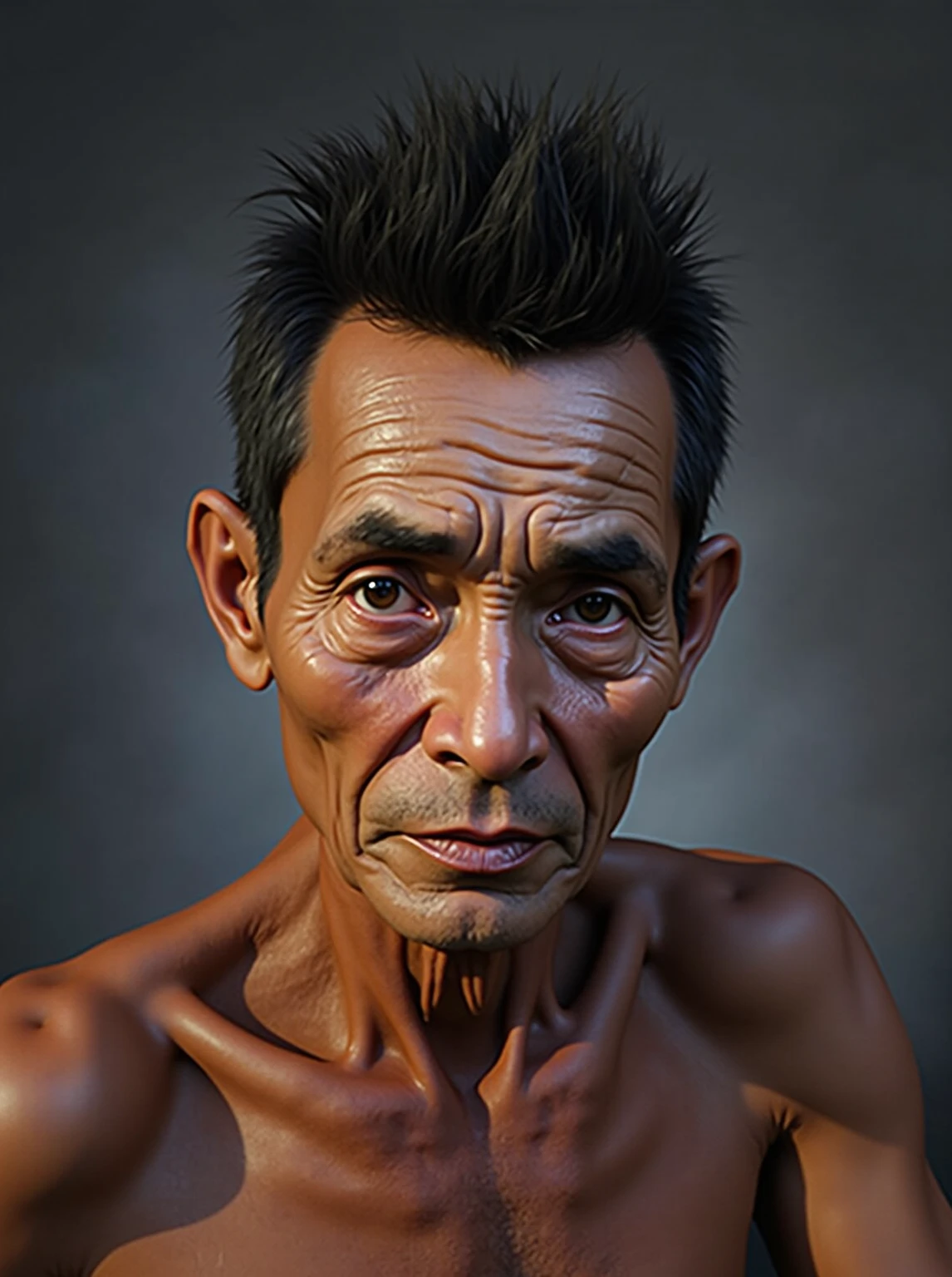 A bald man,oval head,wearing transparent spectacles ,Bangladeshi man,little bit older and fully naked,face oval shaped,no head,he is not wearing anything on head,face is round shaped image shall be realistic
