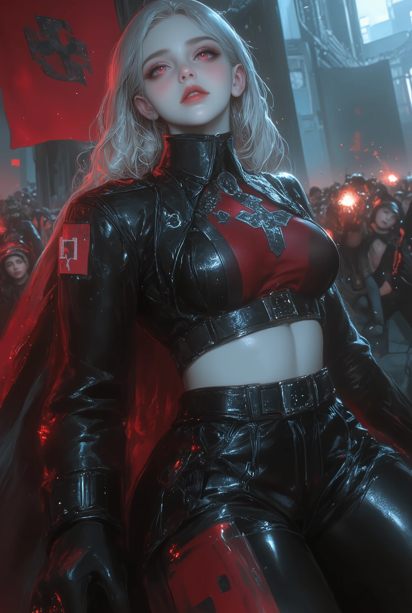 1girl look at me, white style, trump, luxury, exquisite digital illustration, dark fantasy, intricate art work, german nazi military uniform of 1945, swastika cross, ((gigantic breasts:2.0)), dark, background battlefield tank shooting, ((very pale skin)), ((red eyes)), neon eyes, black coat,