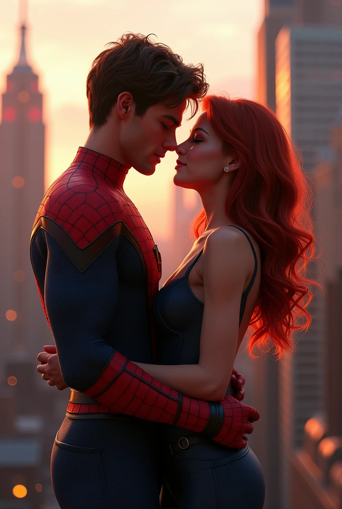 A masterpiece, photorealistic, peter parker as muscular spiderman and mary Jane watson in redhead sexy body, 
on rooftop between high building, couple portrait, high quality portrait, a bare couple, couples portrait, fine portrait, full protrait, cover shot, merge, love interest, france, herzog de meuron, promotional portrait, dramatic cinematic lighting, sunset light