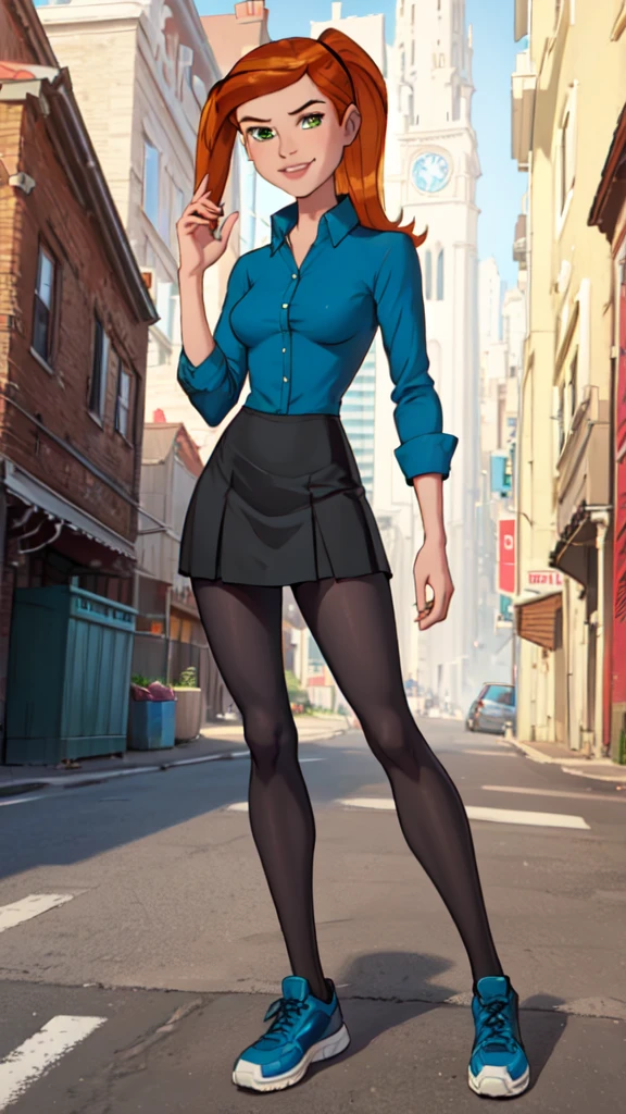 1 girl,(solo), (masterpiece:1.2), (high quality:1.0),looking at viewer, (ultra detailed),smile,pony tail,orange hair, green eyes, Gwen Tennyson, blue and white sweet shirt cat logo,black short skirt, (front view) medium body,full body view,seduing pose to the viewer, extremely detailed legs,black transparent leggings(ultra detailed).