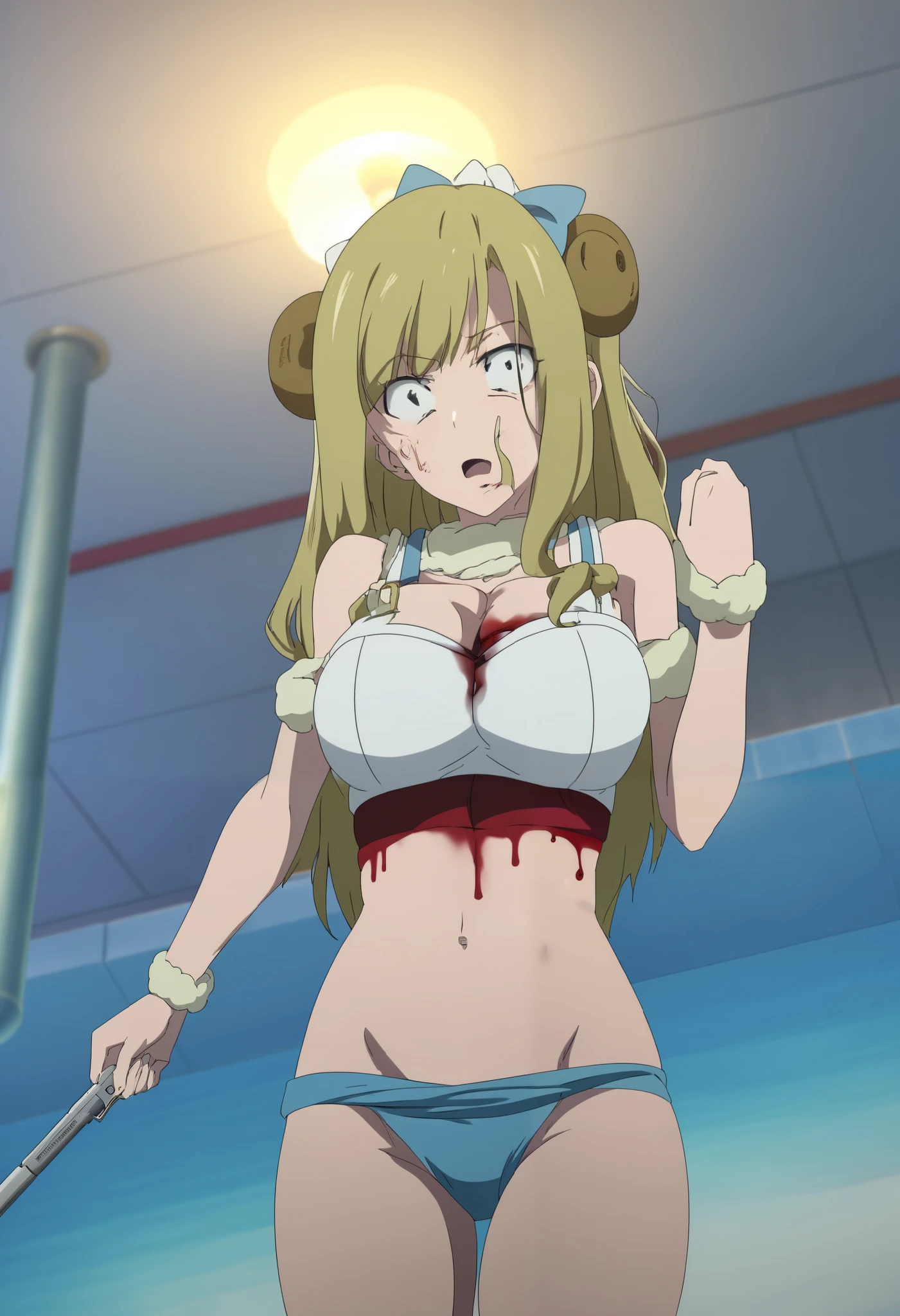 amwkaoruko, blood, wristband, solo, english text, ass, blue panties, dress, 1girl, ceiling light, blurry background, pool of blood, closed mouth, exposed belly, exposed navel, exposed midriff, exposed lower belly, holding a gun