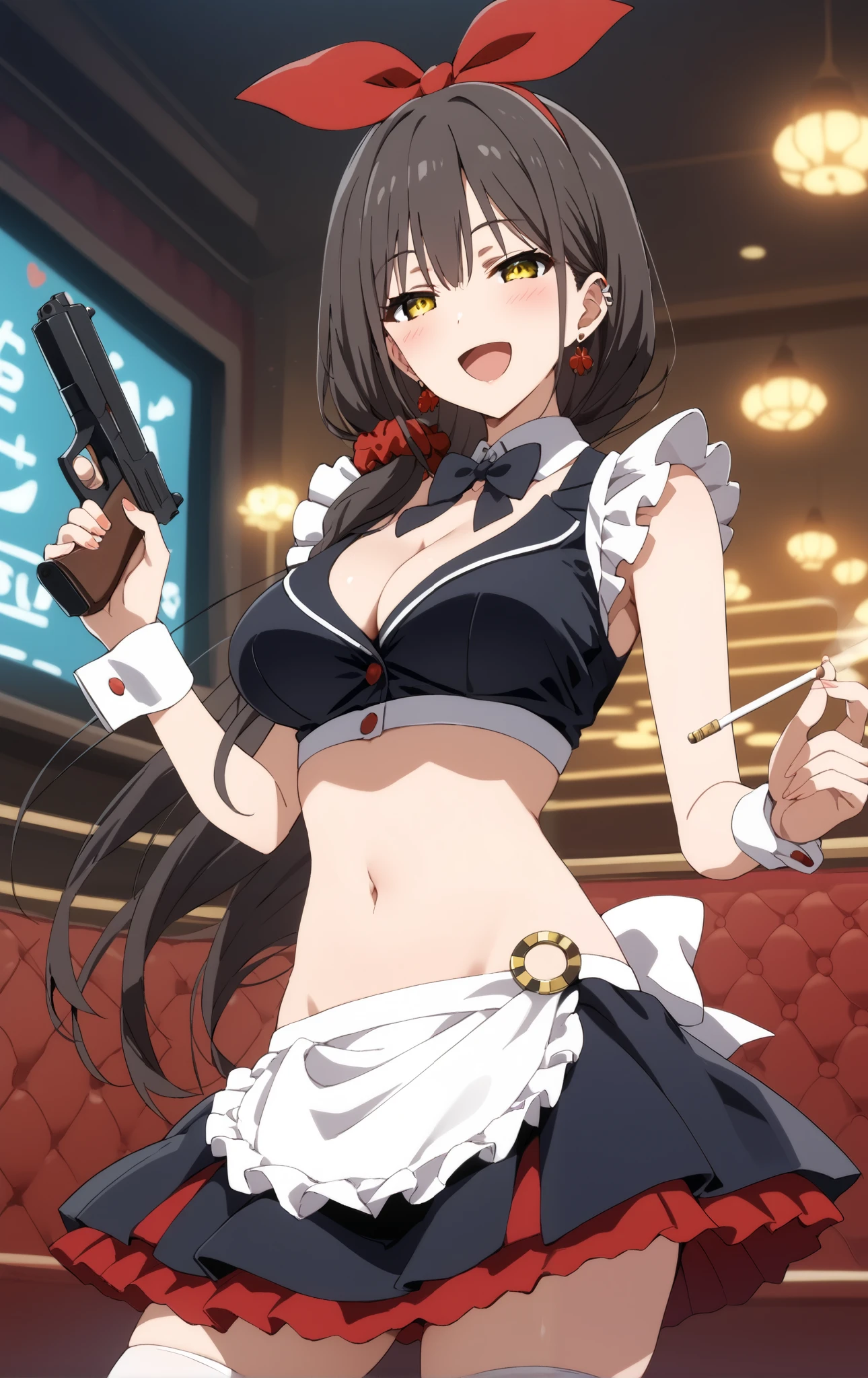  solo, 1girl, yashio rui,  jewelry, earrings, necklace, choker, blush, lipstick, long hair, jewelry, earrings, complex detailed background, casino environment, fancy interior environment, rich
interior, masterpiece, best quality, highly detailed, a anime girls in maid uniforms with a gun posing for a
picture, maid outfit, cleavage, evil smile, smile, open mouth ,ecchi anime style, anime girls, ecchi style,
ecchi, digital anime art!!, in anime style, official artwork, (nsfw) not safe for work, beautiful anime maid
girl, anime style 4 k, micro skirt, exposed belly, exposed navel, exposed midriff, exposed lower belly,
holding a gun,