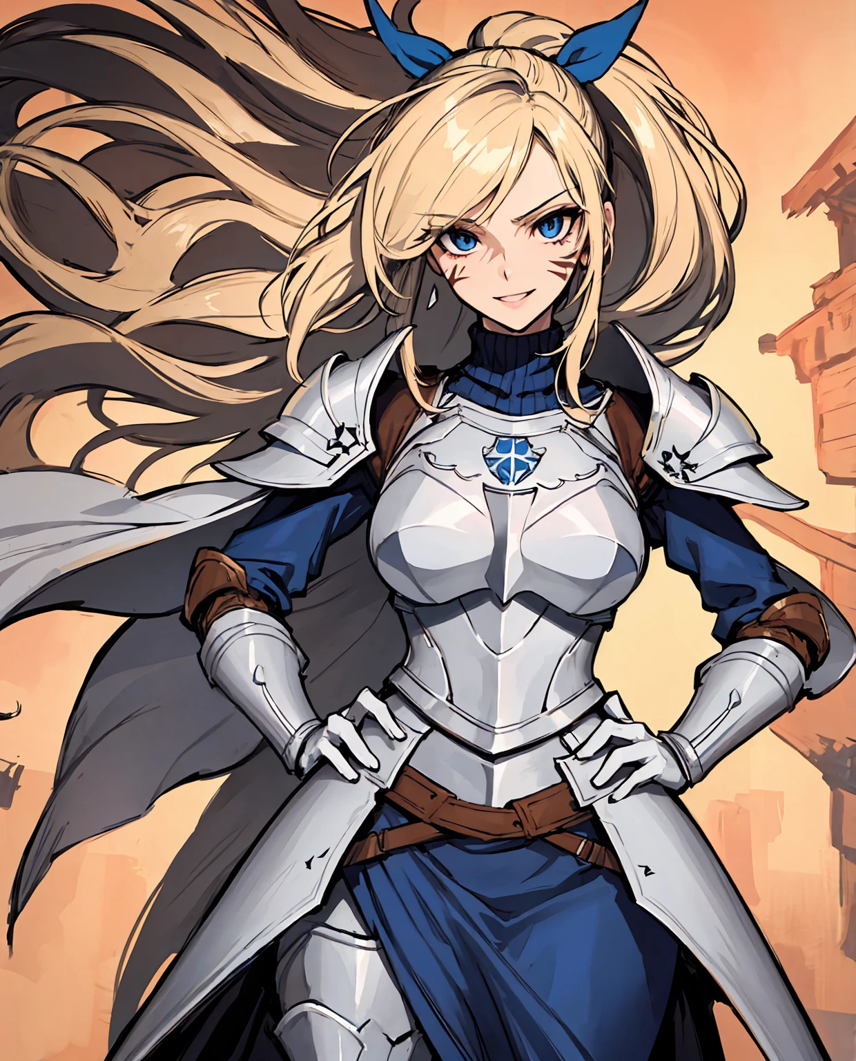 (masterpiece), best quality, expressive eyes, highres, anatomically correct, 1girl, perfect face, perfect hands, female, long hair, fair skin, large chest, cowboy shot, half body, perfect anatomy, blonde colored hair, adult female, mature female, attractive, flowing hair, wearing an eyepatch, strong, hero, knight, brave, spunky, friendly, fun, unique, armor wear, messy hair, half body shot, cowboy shot, symmetrical features, friendly, sarcastic, fun, hero, unique, flowing clothes, flowing hair, wind, windy, hands in pockets, blue eyes, hair over shoulders, laid back, confident, medieval-armor-girl, starbutterfly, 1girl, blonde hair, facial mark, hand on hip, armor, knight, artoria lancer, swept bangs, pony tail, facial marks, facial markings, 