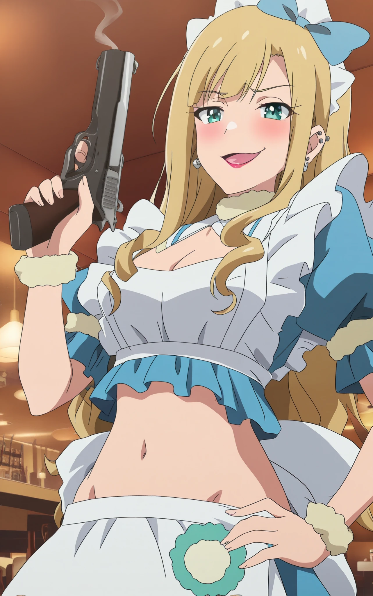 NikaidoNao, long hair, blush, lipstick, jewelry, earrings, complex detailed background, casino environment, fancy interior environment, rich
interior, masterpiece, best quality, highly detailed, a anime girls in maid uniforms with a gun posing for a
picture, maid outfit, cleavage, evil smile, smile, open mouth ,ecchi anime style, anime girls, ecchi style,
ecchi, digital anime art!!, in anime style, official artwork, (nsfw) not safe for work, beautiful anime maid
girl, anime style 4 k, micro skirt, exposed belly, exposed navel, exposed midriff, exposed lower belly,
holding a gun,