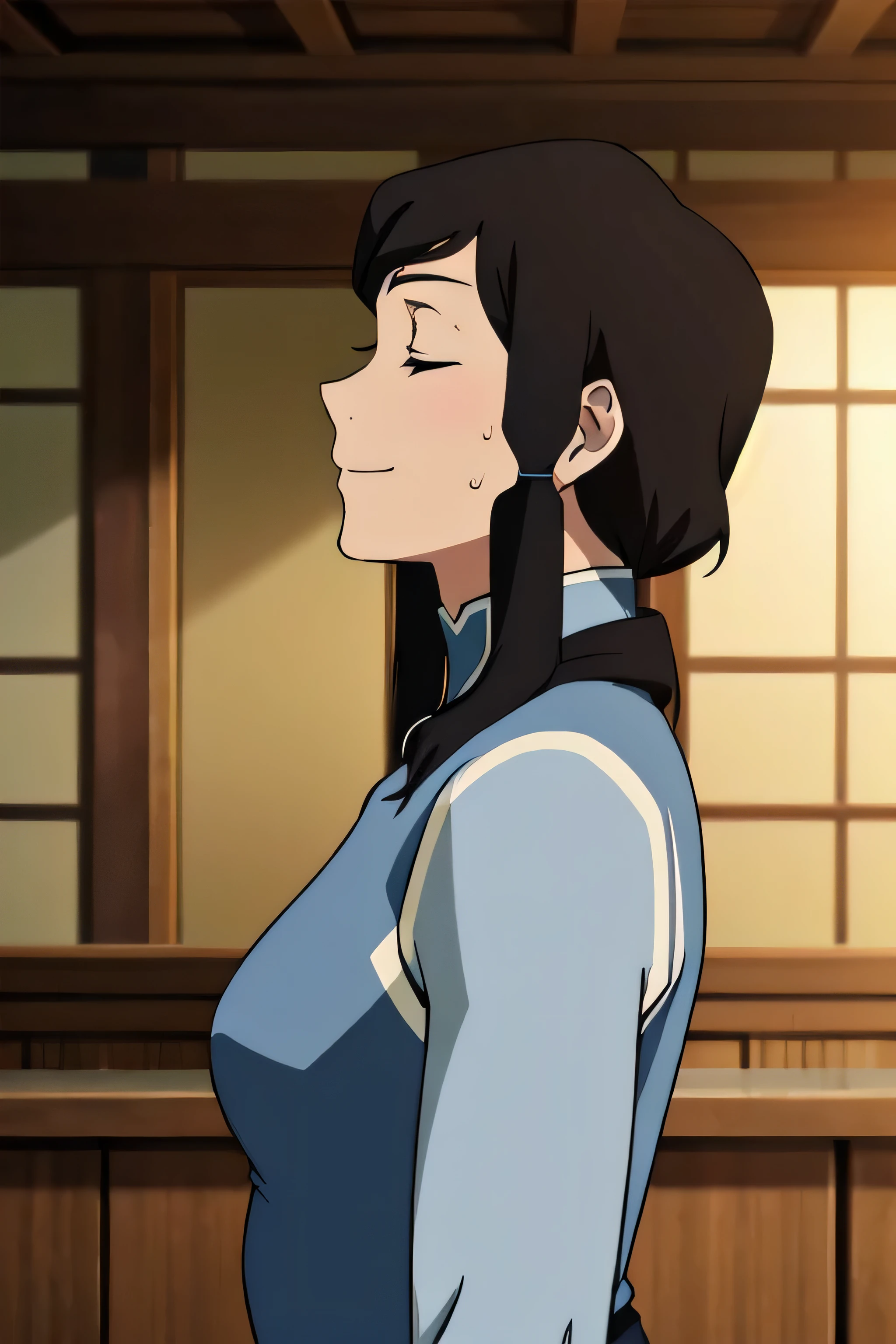 Korra,1girl, solo, upper body, side view, viewed from side, smile, sensual expression,eyes closed,leaning forwards,leaned forwards,sweaty