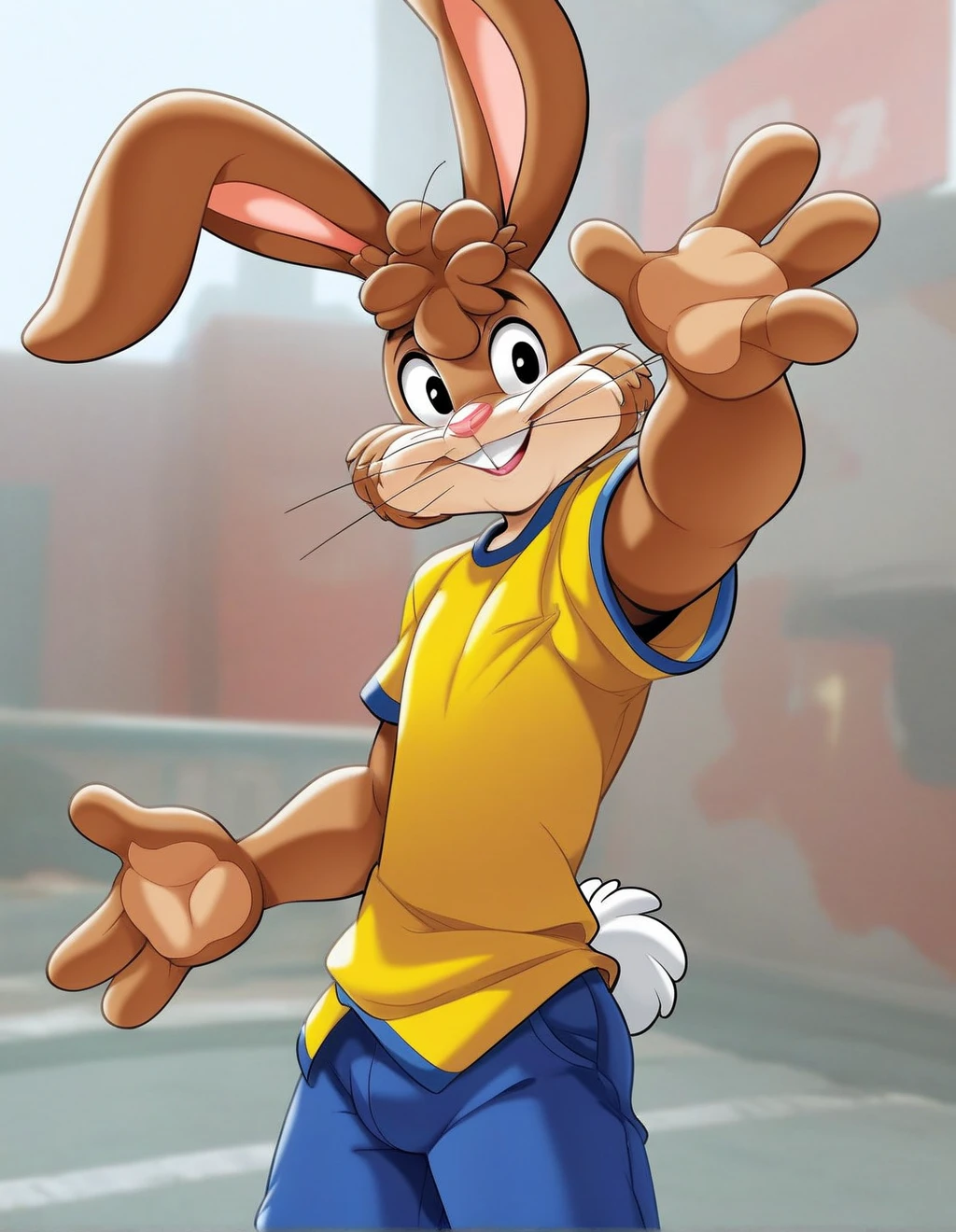 zPDXL3,quicky,4 fingers,brown fur,pants, yellow shirt, standing, young 20 year old adult, cute version of quicky, cute puffy rabbit hair, furry, rabbit, male, gay, femboy, handsome, two extremely handsome rabbits standing by side, slim,solo,looking_at_viewer,