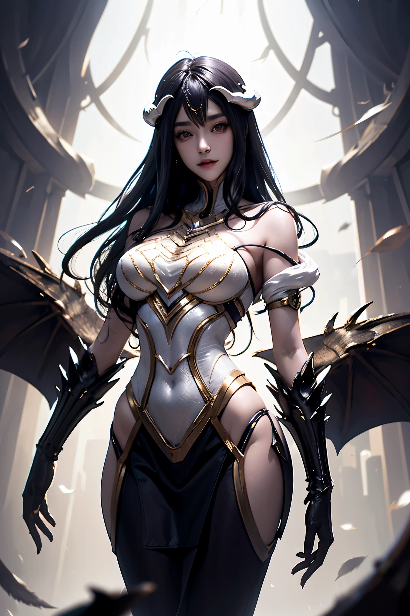 8k_wallpaper, extremely detailed eyes, extremely detailed body, (large masterpiece digital art), (detailed manga illustration), (detailed line art), ((perfect anatomy)), (intricate details:1.3), (ultra-detailed:1.3), (illustration:1.3), (sharp focus:1.3), (natural lighting:1.05), (vivid colors:1.3), (masterpiece), (best quality:1.4), (perfect anatomy:1.4), high quality, expressive eyes, full body, detailed face, beautiful face, perfect face, 1girl, dark skin, animal ears, black sclera, smile, colored sclera, breasts, solo, monster girl, black hair, (wolf ears), large breasts, curvy, wide hips, long hair, ((gold eyes)), claws, grin, fur, collar, dynamic pose, tail, wolf tail, horns, dragon horns, wings, sadistic smile, hair over eye, regal outfit, formal, (castle background), blue fire