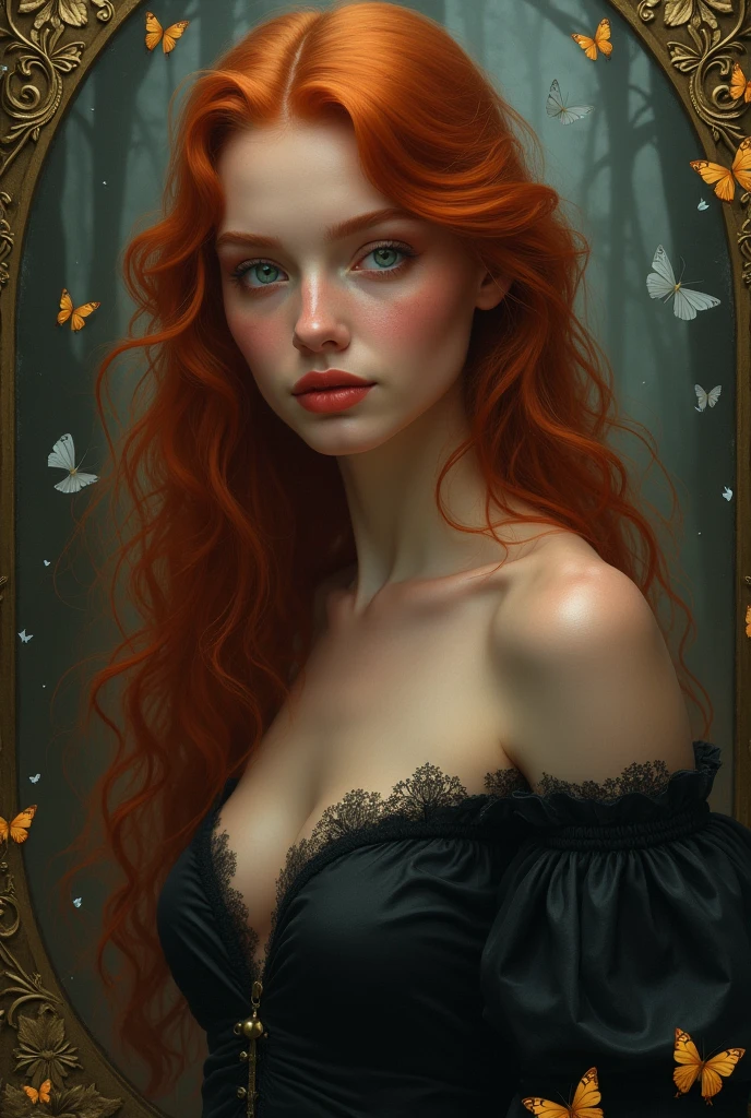 (solo, full body photo:1.3), (action packed:1.3), (haze, fog, mist:1.3), chiaroscuro, best quality, photorealistic, 1woman, (cute), (24yo:1.2), redhead, long ginger hair highly detailed, 1700'S, digital photography, art by artgerm and ruan jia and greg rutkowski surreal painting gold butterfly filigree, broken glass, (masterpiece, sidelighting, finely detailed Fashionable eyes: 1.2) (perfect oval large eyes that gazes at the viewer), beautiful detailed face, blue gorgeous perfect eyes, (blonde hair ponytail), (attractive young woman:1.3), (thick amazing hair), (seductive:1.1), (blushing:1.1)