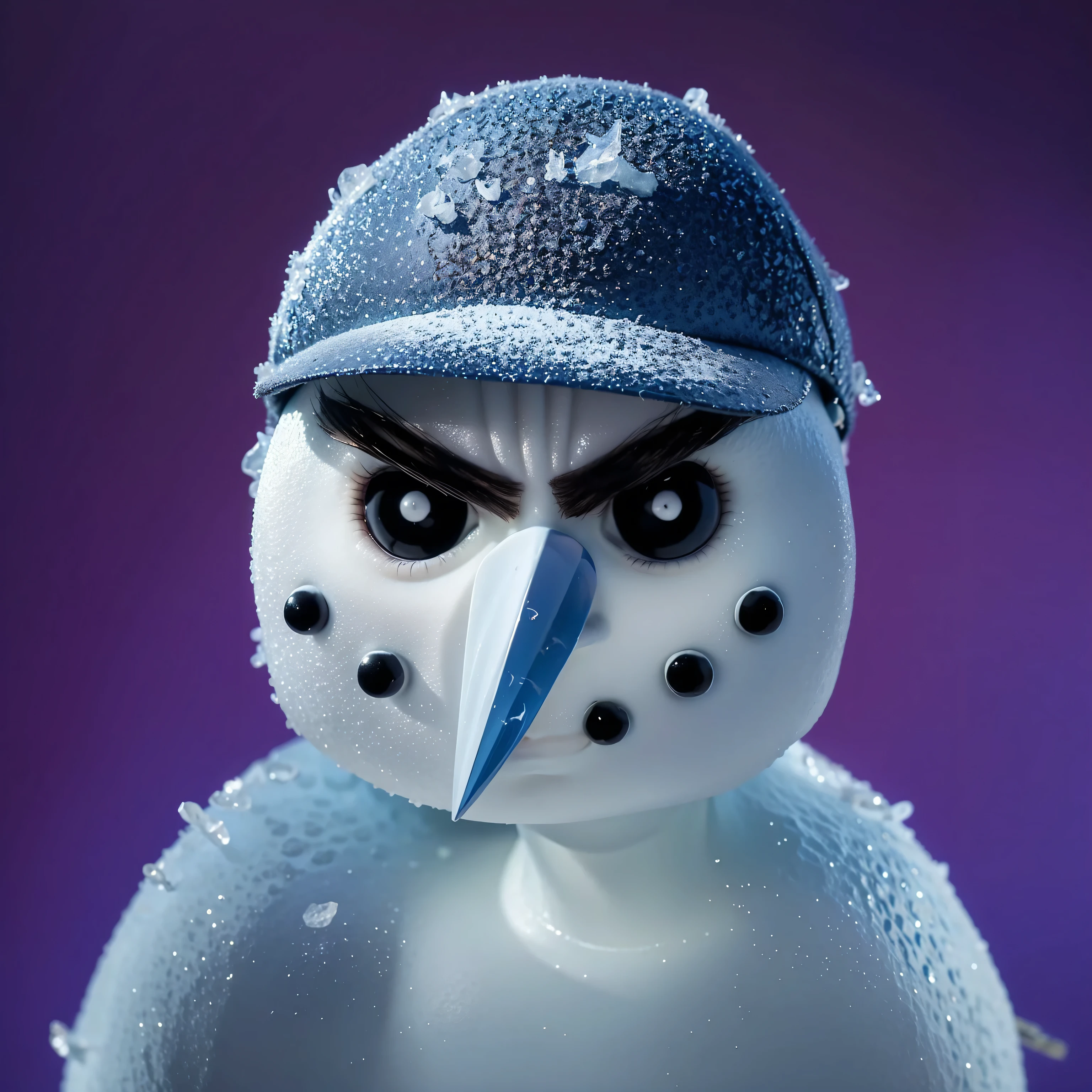 An angry white snowman with frost snow texture with piercing black eyes, wearing a blue baseball cap turned backward and a sharp icicle as a nose, stares intensely at the camera. The close-up shot captures the snowman's frosty texture and furrowed expression as it glares from under heavy brows. The background is a vibrant purple, enhancing the dramatic mood of the scene. Realistic 4K image