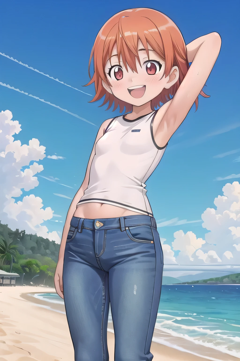 masterpiece,best quality,ultra detail,1girl, 14yo, petite, ((round face, ecstasy, orgasm face, drooping eyes, shame smiling, blush)), dropping eyes, sleepy, background((under the beach, (day:1.2), under sand beach, bright sky)), takenouchi_sora, short hair, orange hair, red eyes, arms behind head, contrapposto, spread armpits, looking at viewer,, Yellow loose T-shirt, crop tee, sleeveless, (jeans pants:1.2, flares jeans:1.2, skinny jeans:1.2, blue jeans:1.2), standing, (legs spread:3:1), dynamic pose, Sweaty crotch, Steam from the crotch, from below, full body