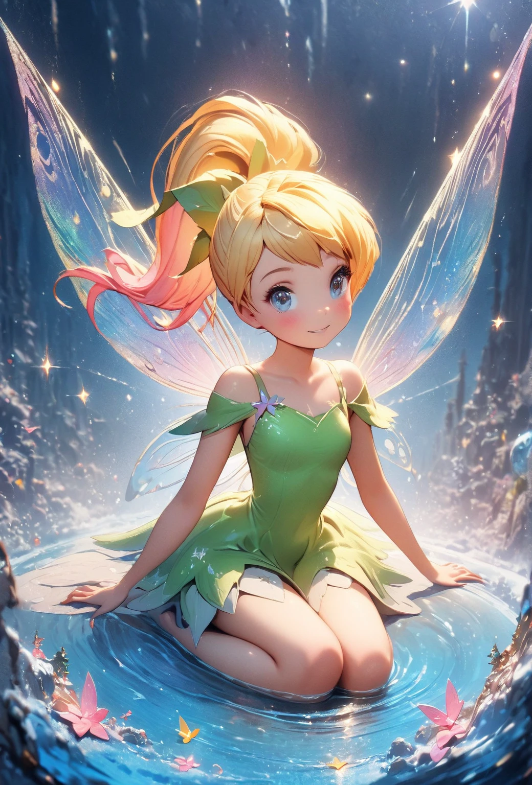 1girl,20yo,she is pixie, (cute and delicate Tinker Bell fairy),(blonde and pink hair..ponytail),(blue eyes), emanates an enchanting aura,
perched delicately on a fingertip, seemingly eager to take flight.(The fairy), glowing wings and intricate particle details,
The background is a natural, 
serene setting that seamlessly blends with the fantastical creature. Fantasy realism and miniature world creates a sense of wonder, delight,and amazenament,vibrant colors,hdr,8k