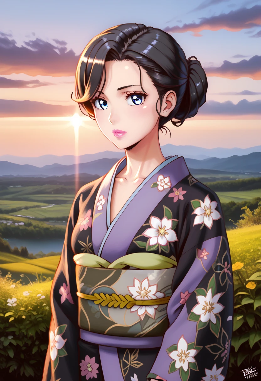 score_9, score_8_up, score_9,  pink lips
Yukinoshitamama, single hair bun, black hair, blue eyes, 
purple kimono, floral print print kimono, black kimono, shippou (pattern)
1girl,solo_focus, shiny skin, gleaming skin, collarbone, eyelashes,  wide_hips, 
cowboy shot, huge breasts,   HDR, 8k, masterpiece, best quality, amazing quality, very aesthetic, absurdres, newest, (volumetric lighting), photorealistic, photo background, detailed skin, detailed eyes, detailed hair, fantasy, ,Pachu illustration Style,masterpiece, best quality, amazing quality, very aesthetic, absurdres, newest, (volumetric lighting, scenery),
