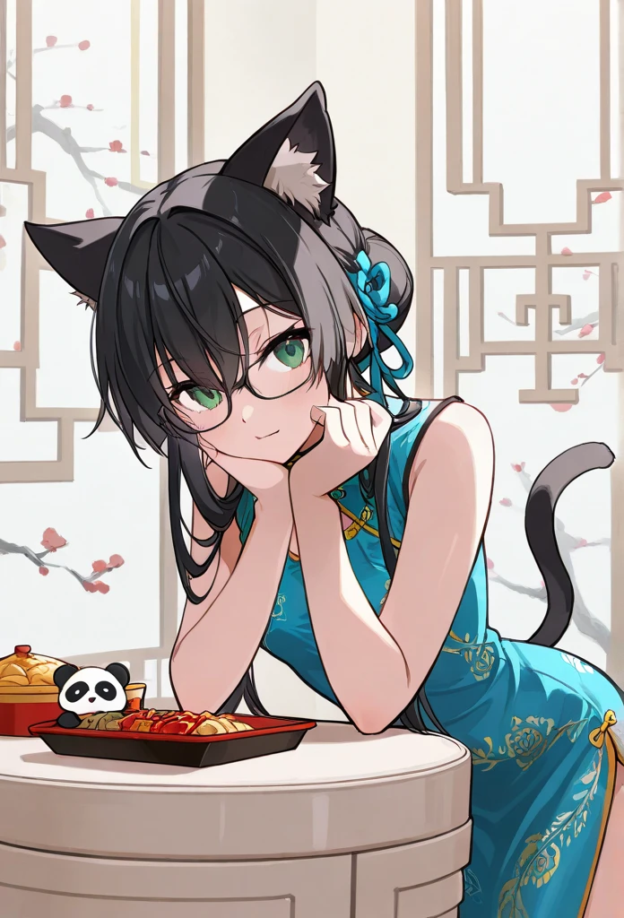 Black hair, cat ears, glasses, tail, Chinese dress, Chinese food, Panda Express