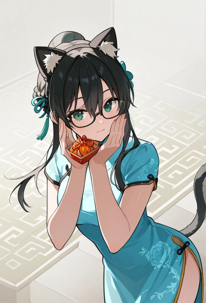 Black hair, cat ears, glasses, tail, Chinese dress, Chinese food, Panda Express